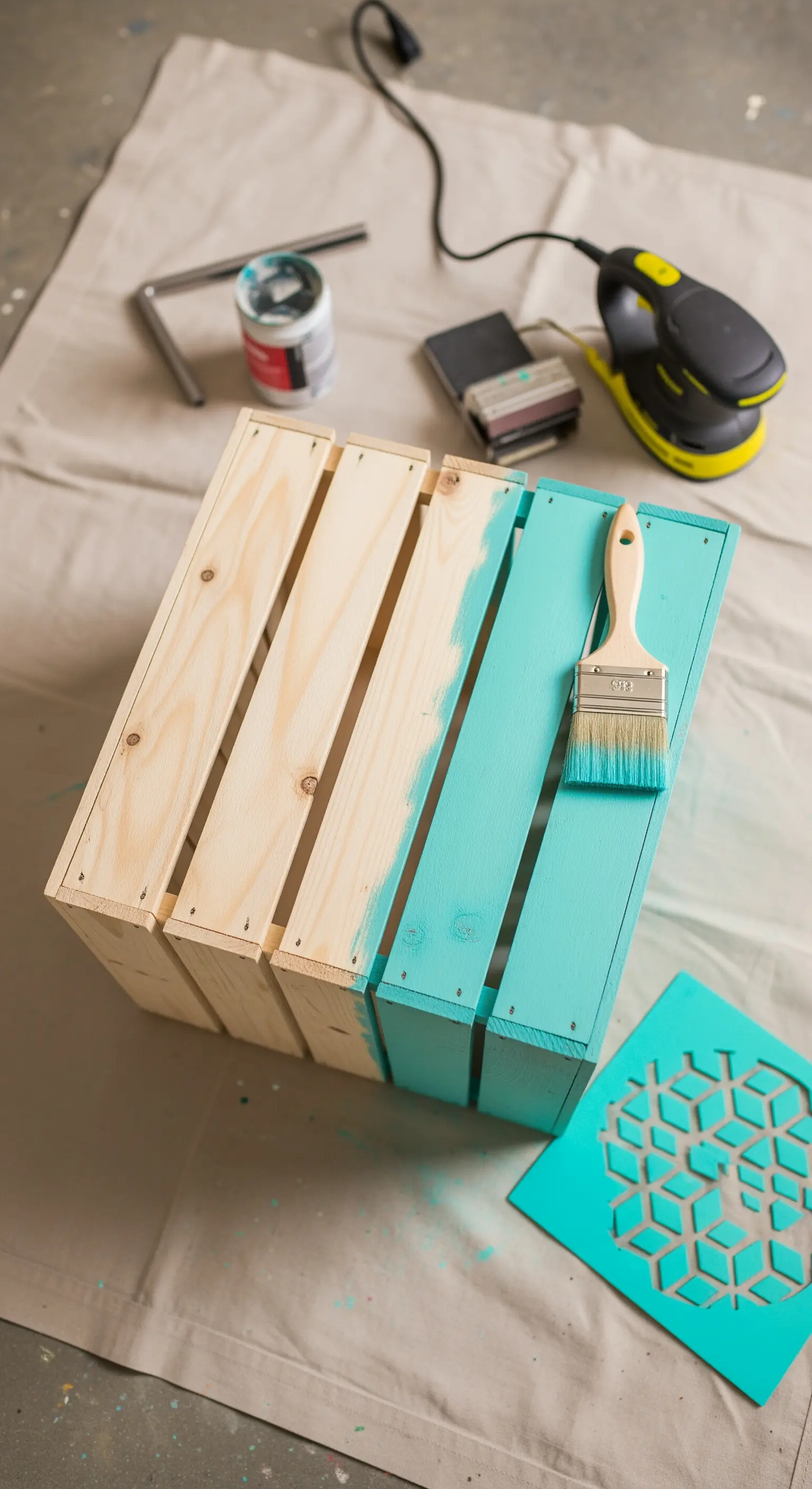 Cassetta di legno in fase di verniciatura con un pennello e pittura color turchese.