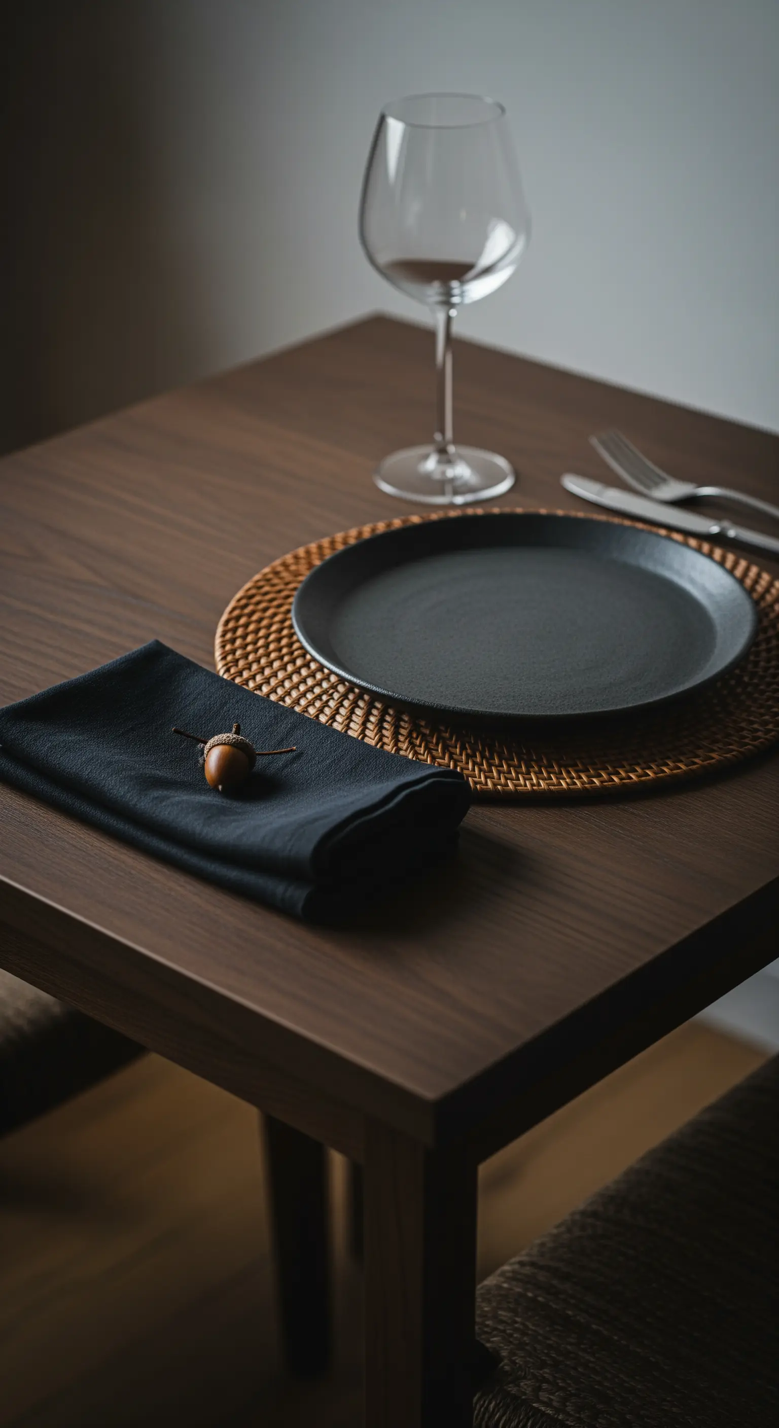 Tovagliolo nero con una singola ghianda come dettaglio decorativo.