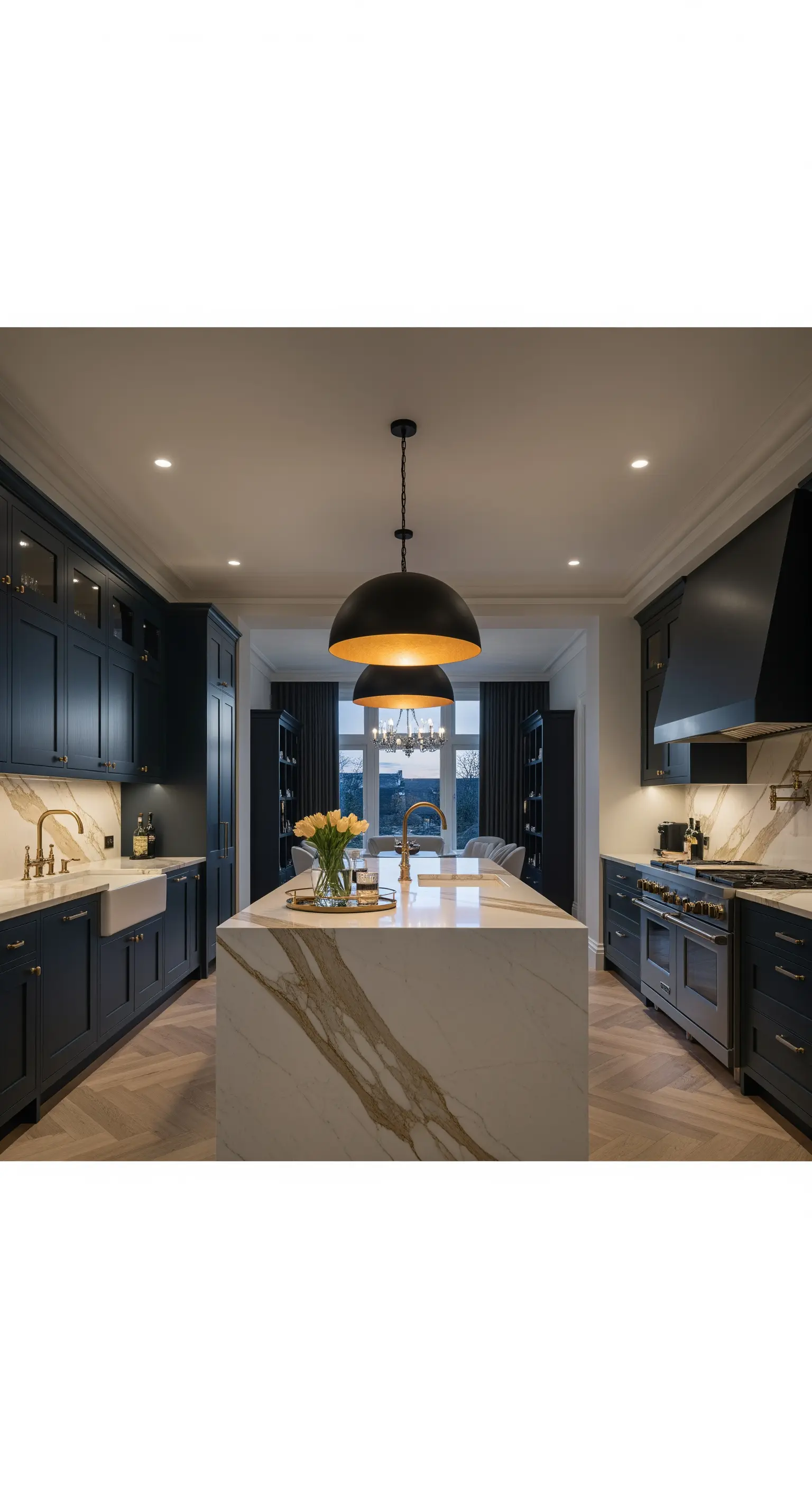 Cucina blu scuro con isola in marmo Calacatta Gold e grande lampada a cupola nera.