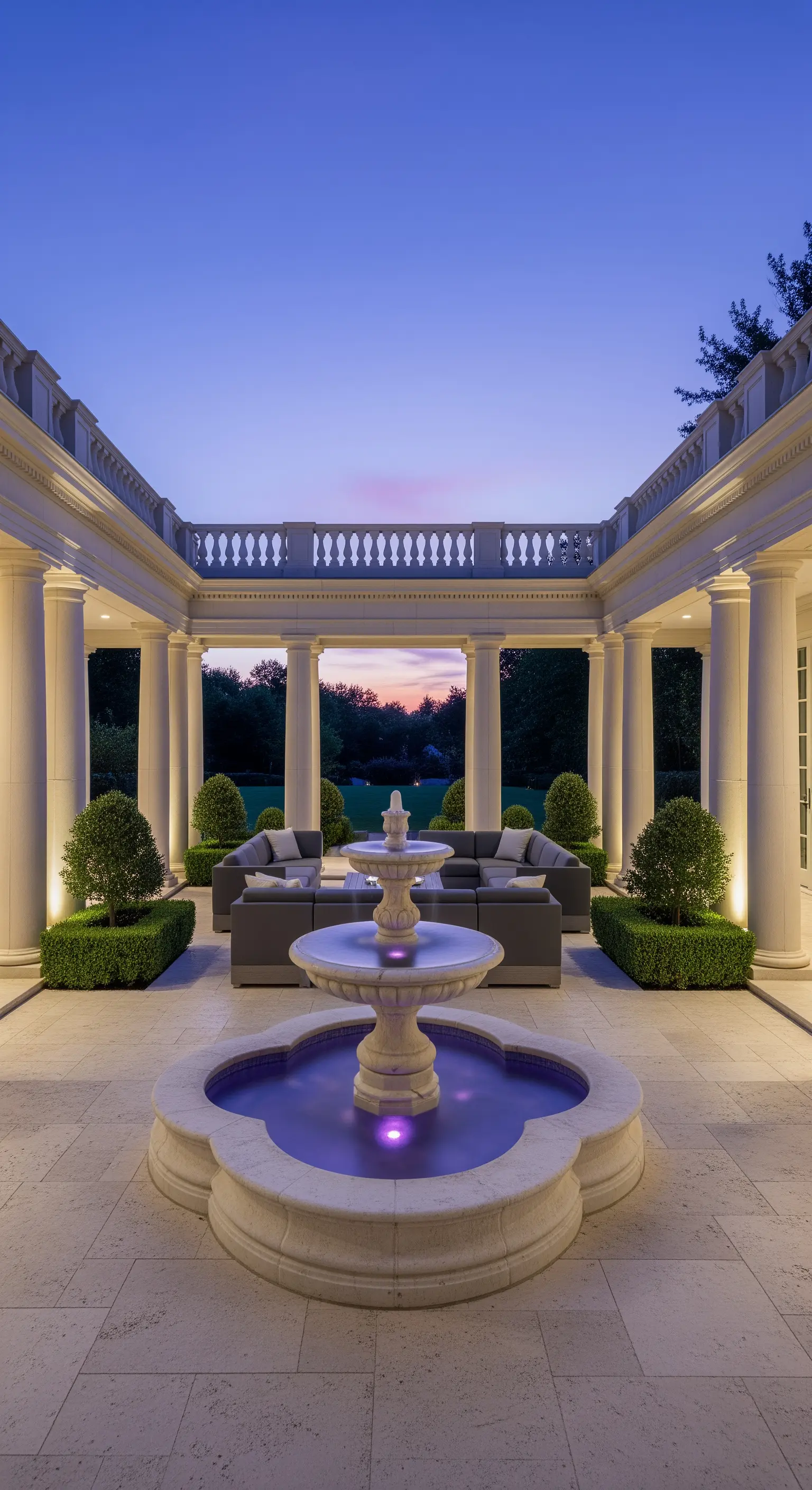 Patio simmetrico con colonnato, fontana centrale illuminata di viola e divani grigi al crepuscolo