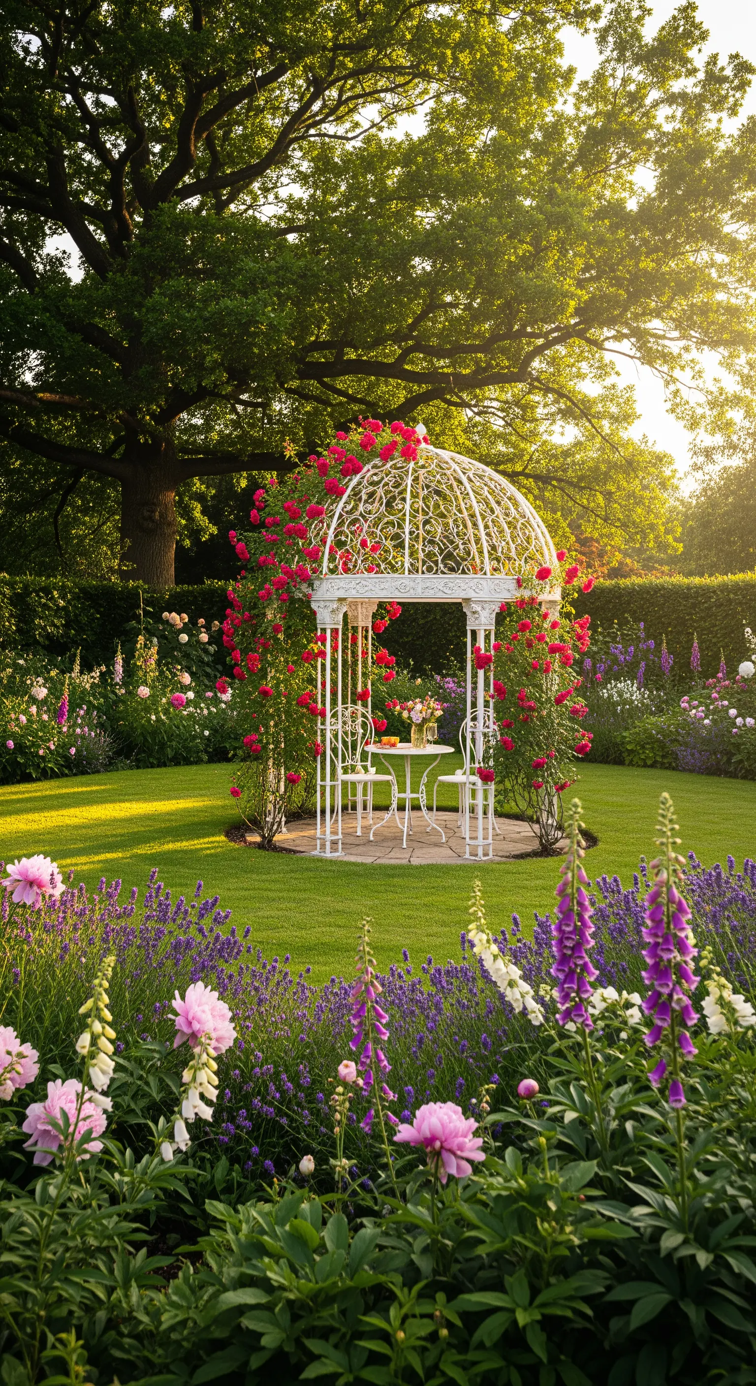 Gazebo bianco in ferro battuto decorato con rose rosse su un prato verde al tramonto.