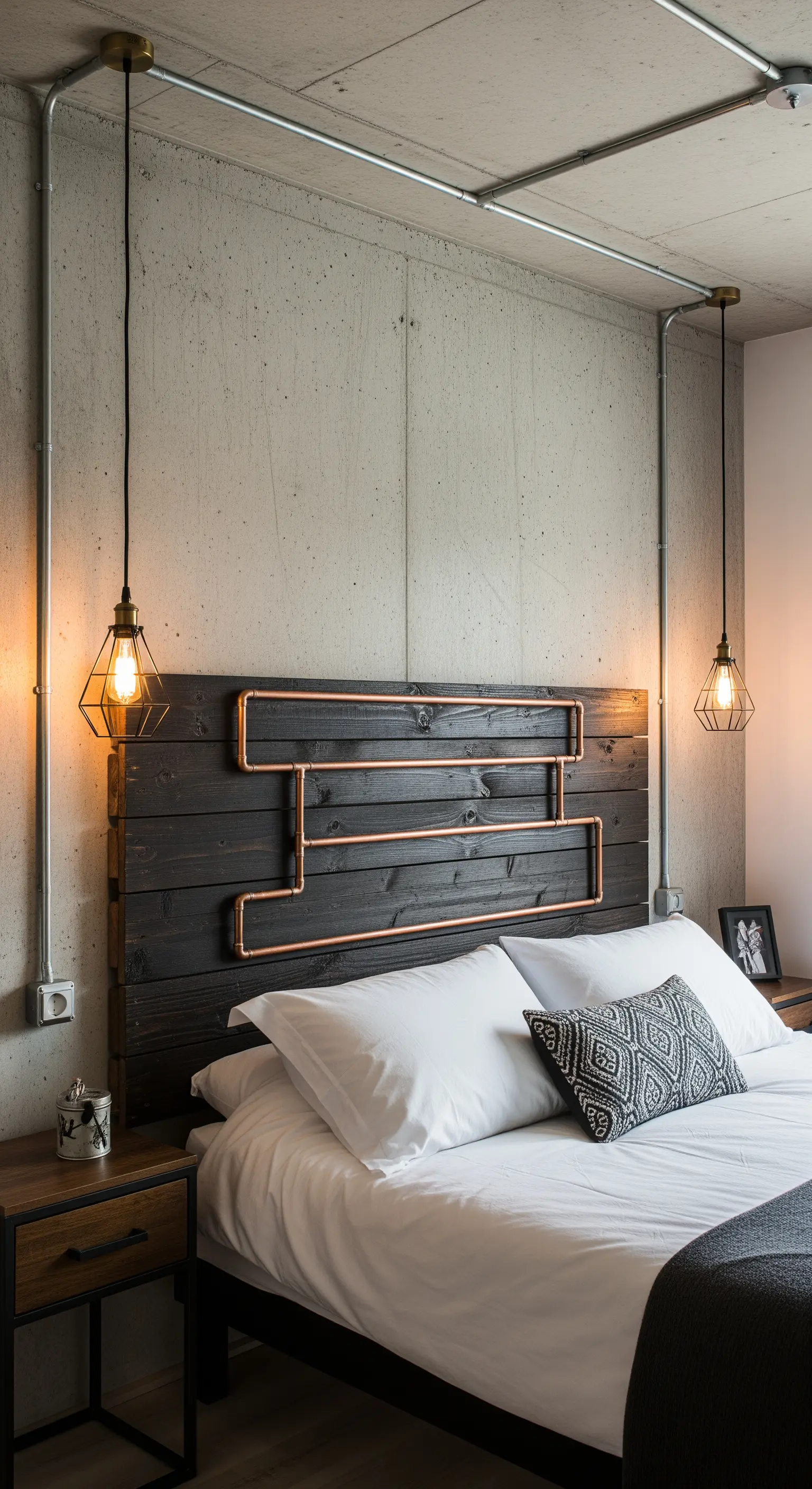 Testiera in legno scuro con decorazione geometrica realizzata con tubi di rame.