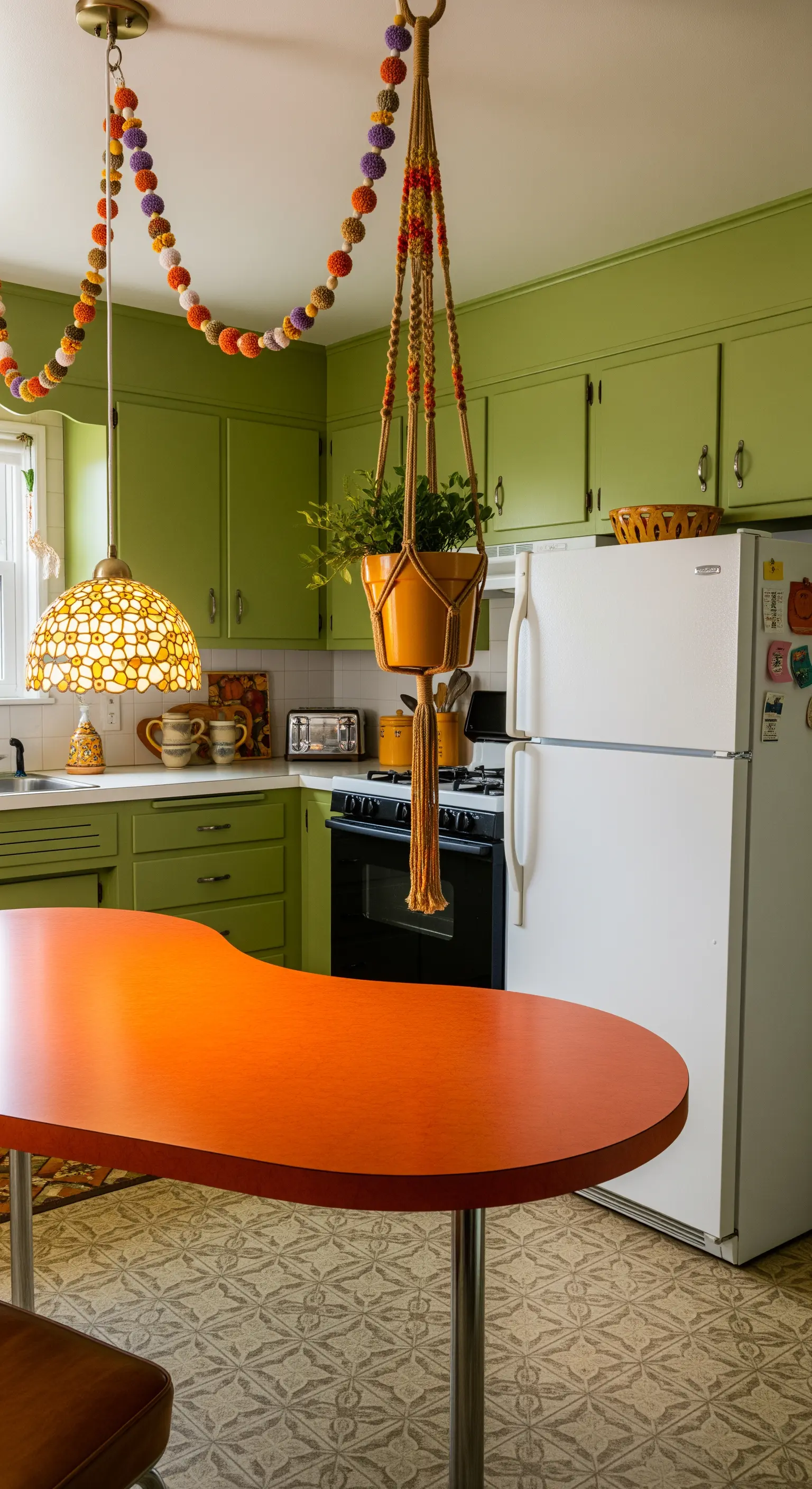Cucina retrò anni '70 con tavolo arancione e portavasi sospeso in macramé.