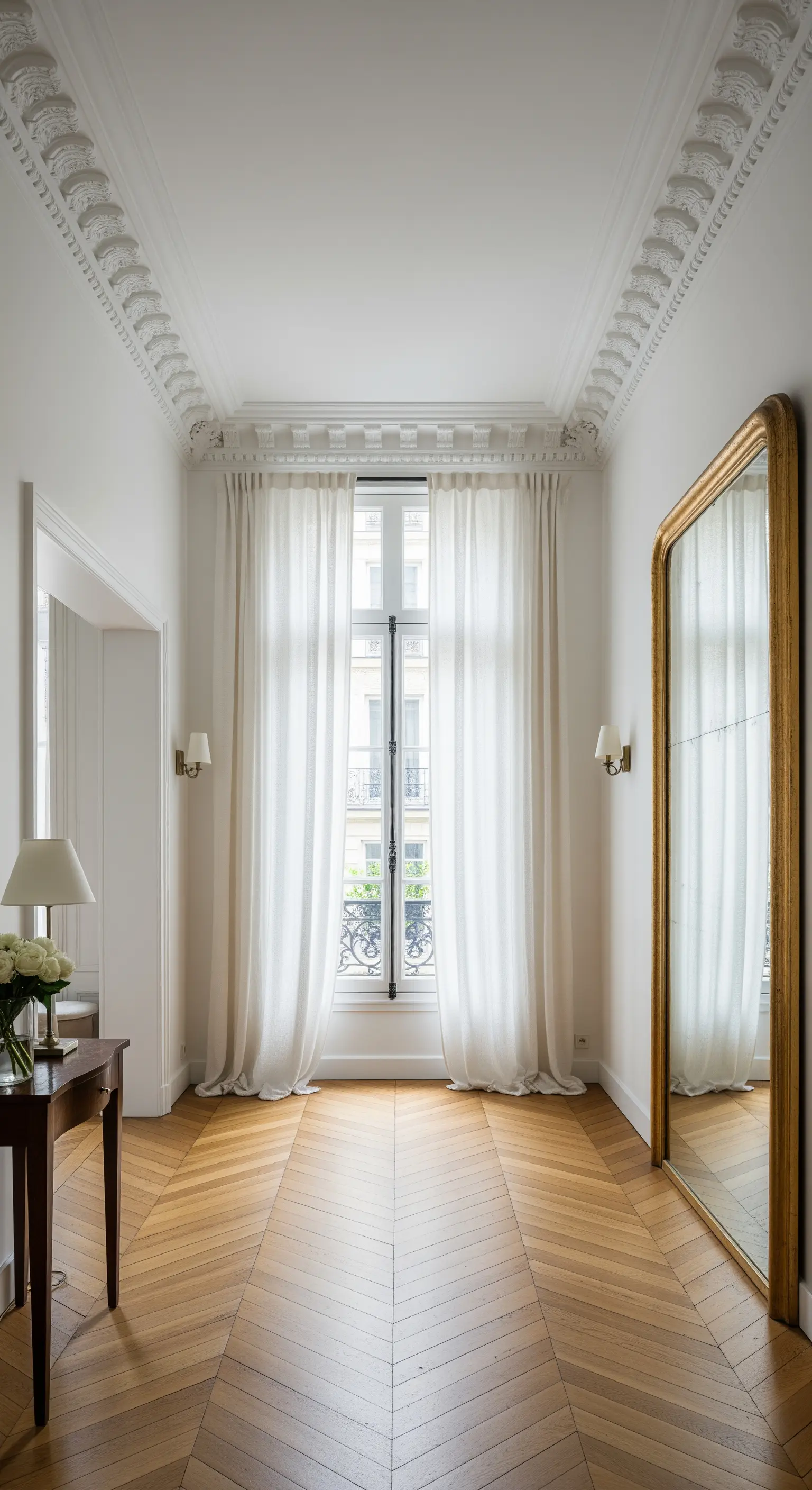 Ingresso parigino con parquet a spina di pesce, grande specchio dorato e tende bianche su alta finestra.