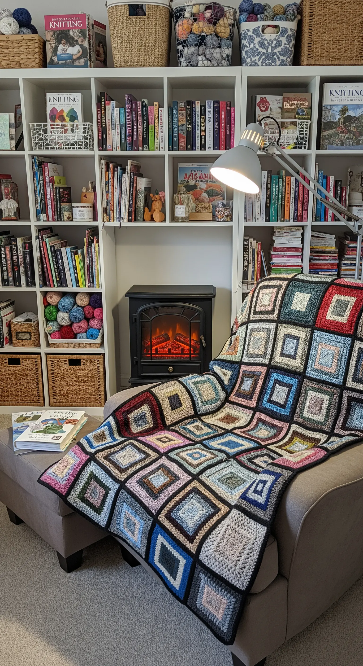 Angolo lettura e craft con libreria piena di filati e poltrona con coperta all'uncinetto.