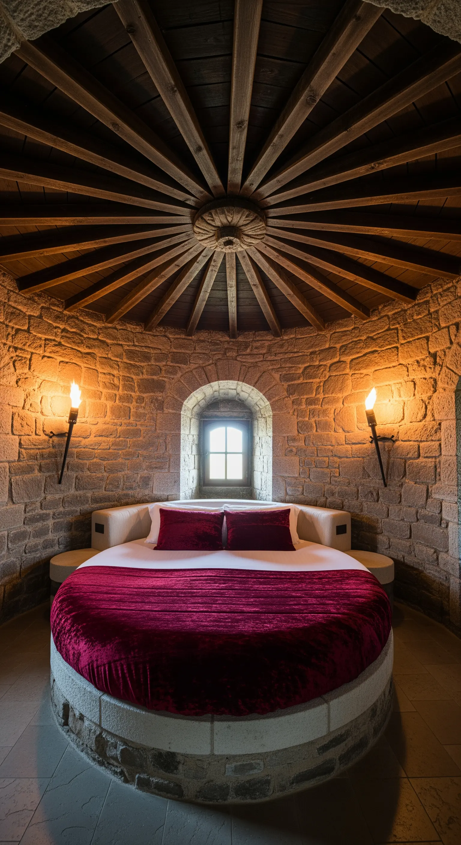 Camera da letto circolare in una torre di pietra, con letto rotondo e illuminazione a torcia.