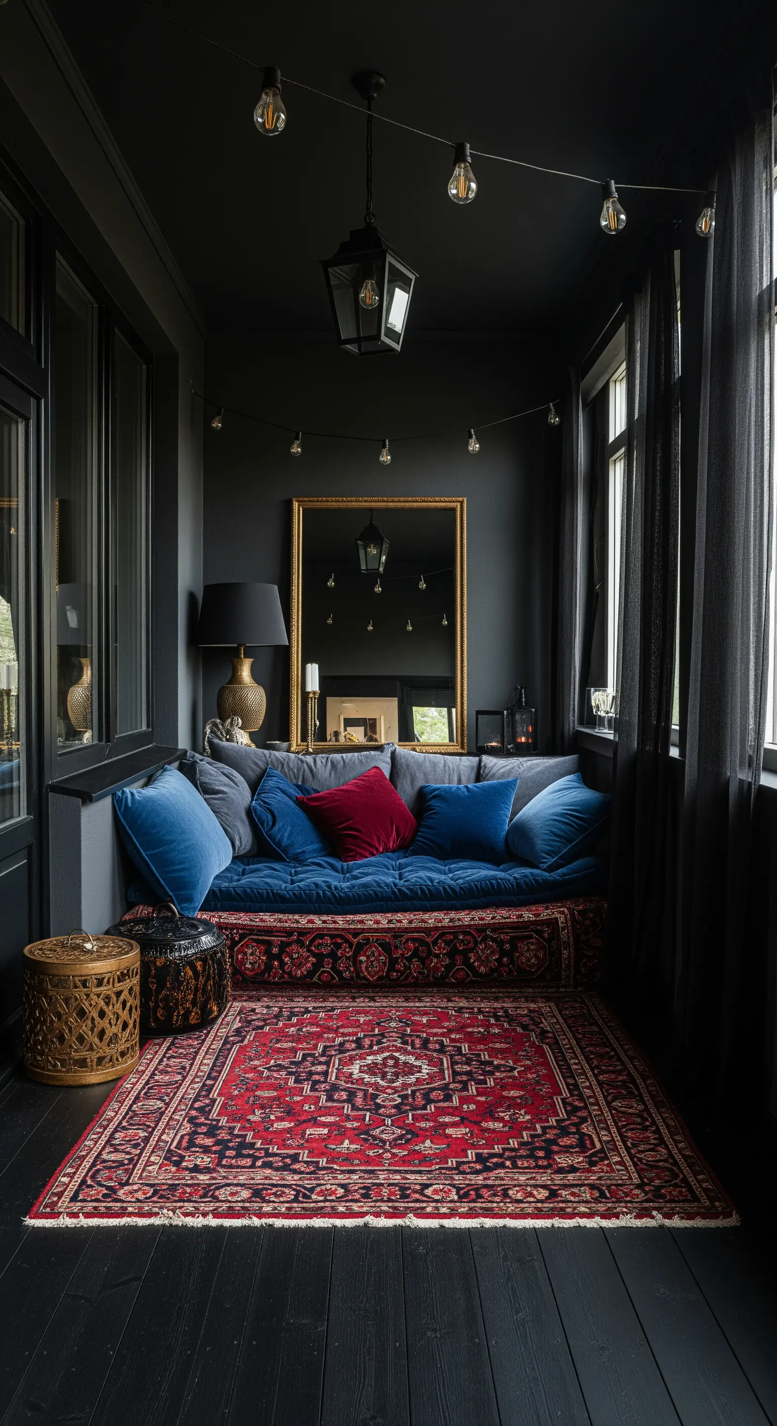 Veranda scura con pareti nere, divano con cuscini in velluto blu e tappeto persiano rosso.