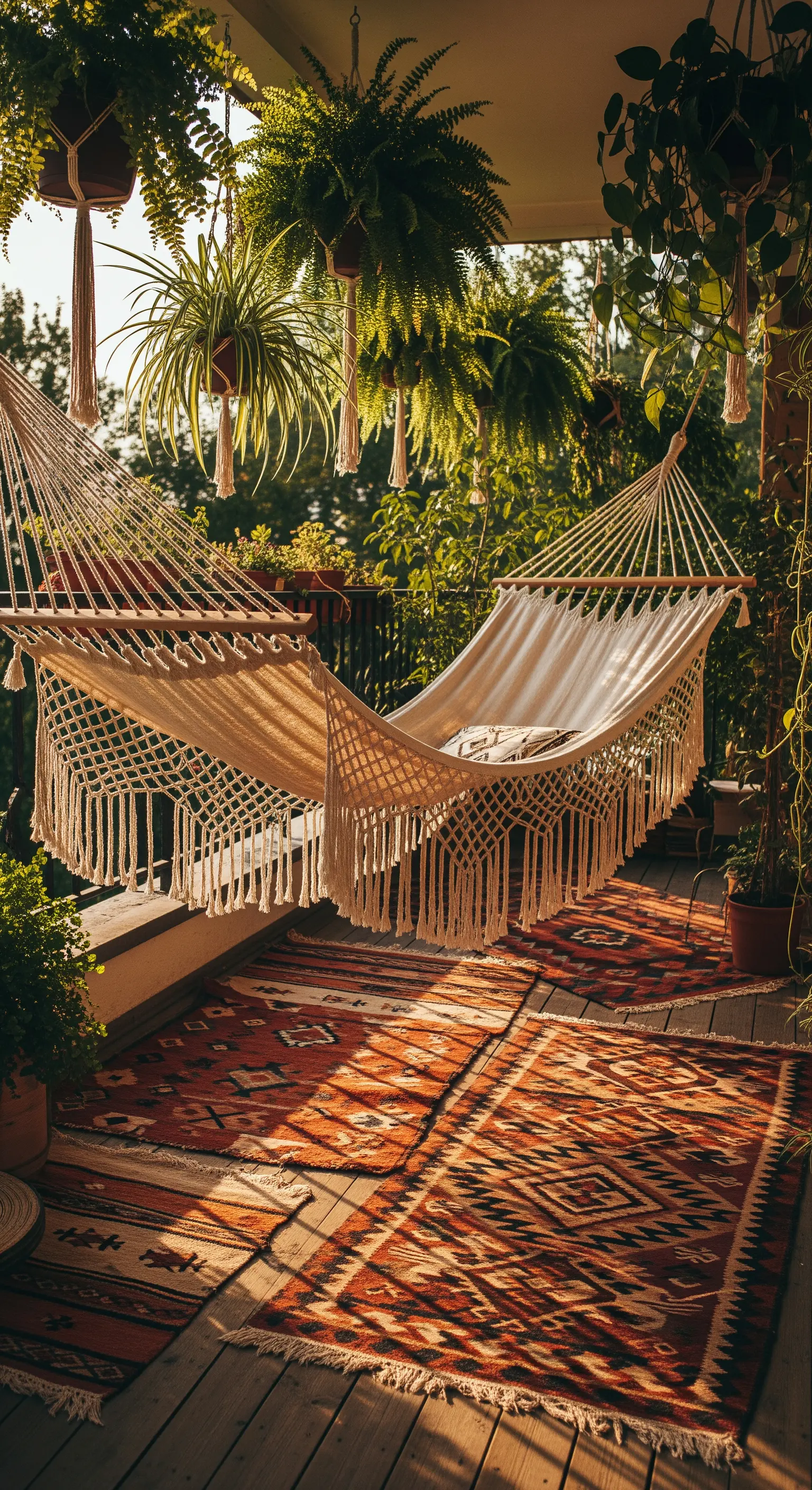 Balcone bohémien con amaca in macramè, tappeto kilim e piante sospese rigogliose.