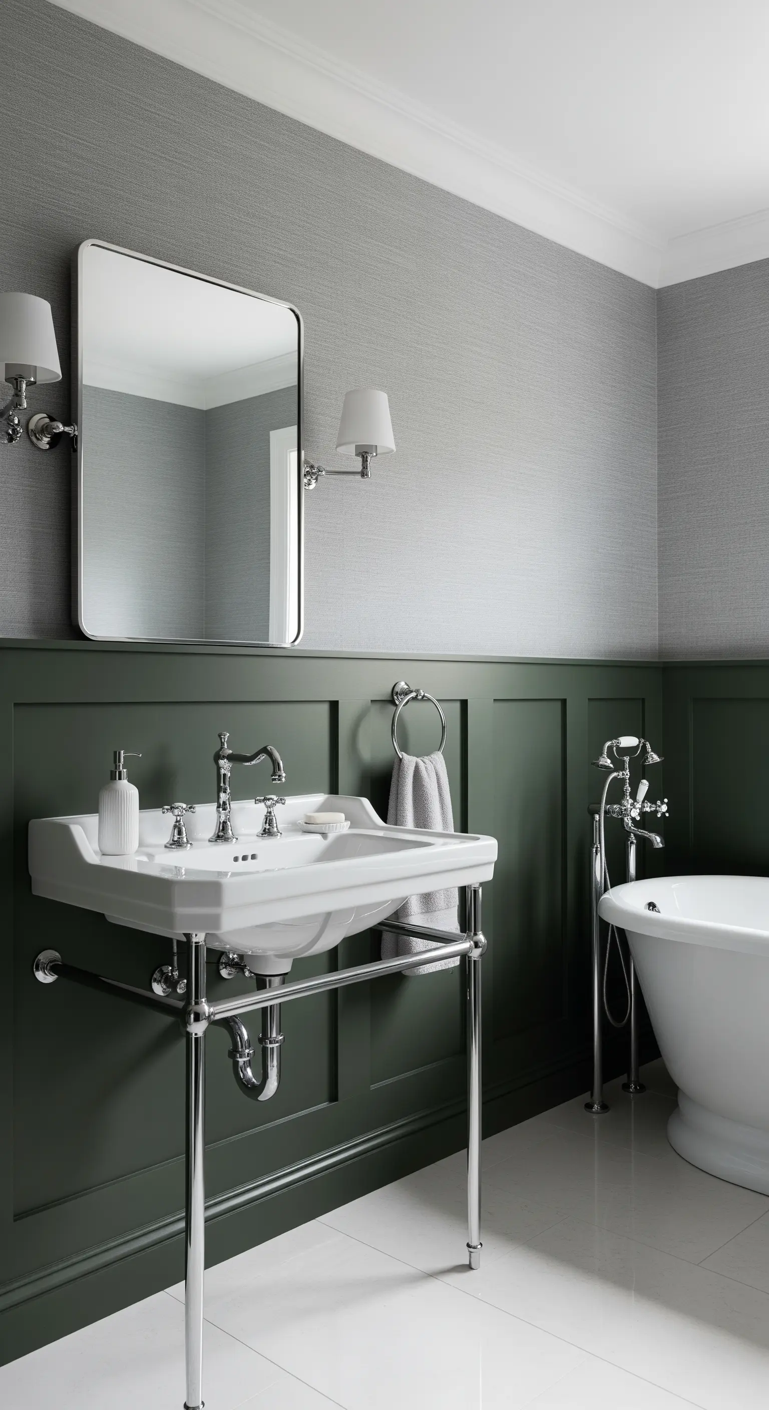 Bagno con boiserie verde scuro, lavabo con struttura cromata e carta da parati grigia.
