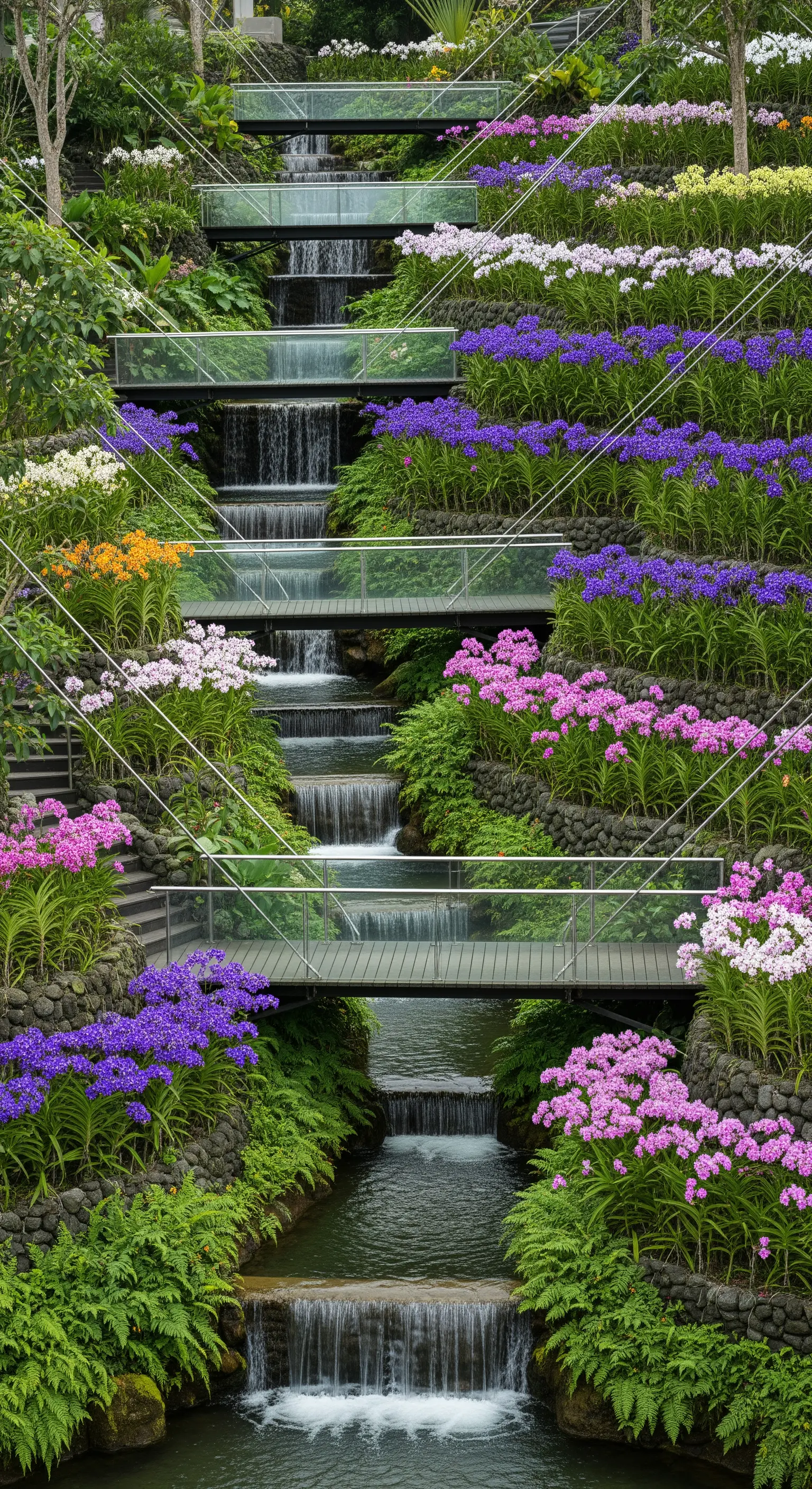 Giardino terrazzato con cascate a più livelli e aiuole di orchidee colorate.
