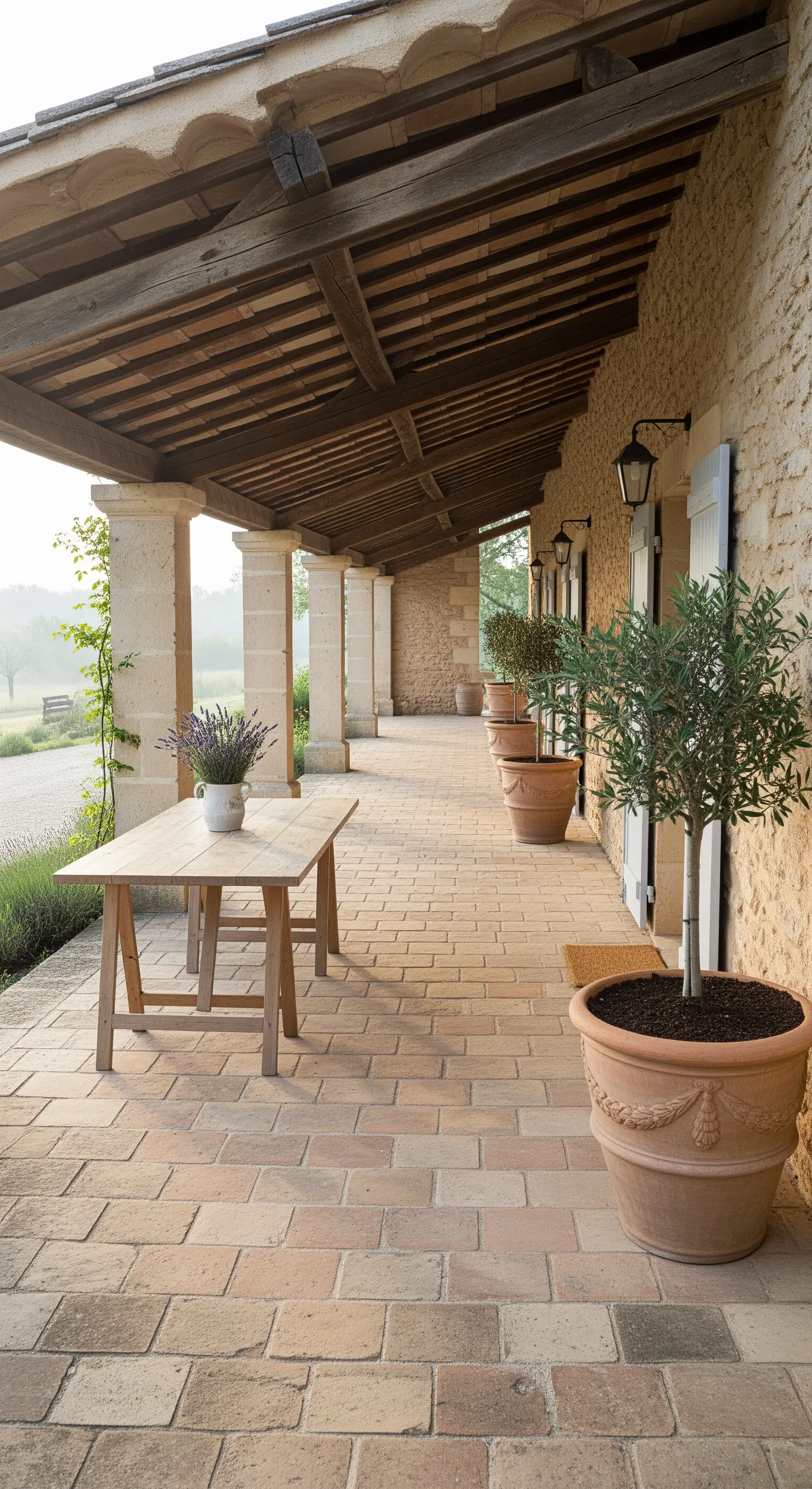Lungo portico rustico con colonne in pietra e una fila di ulivi in vaso.