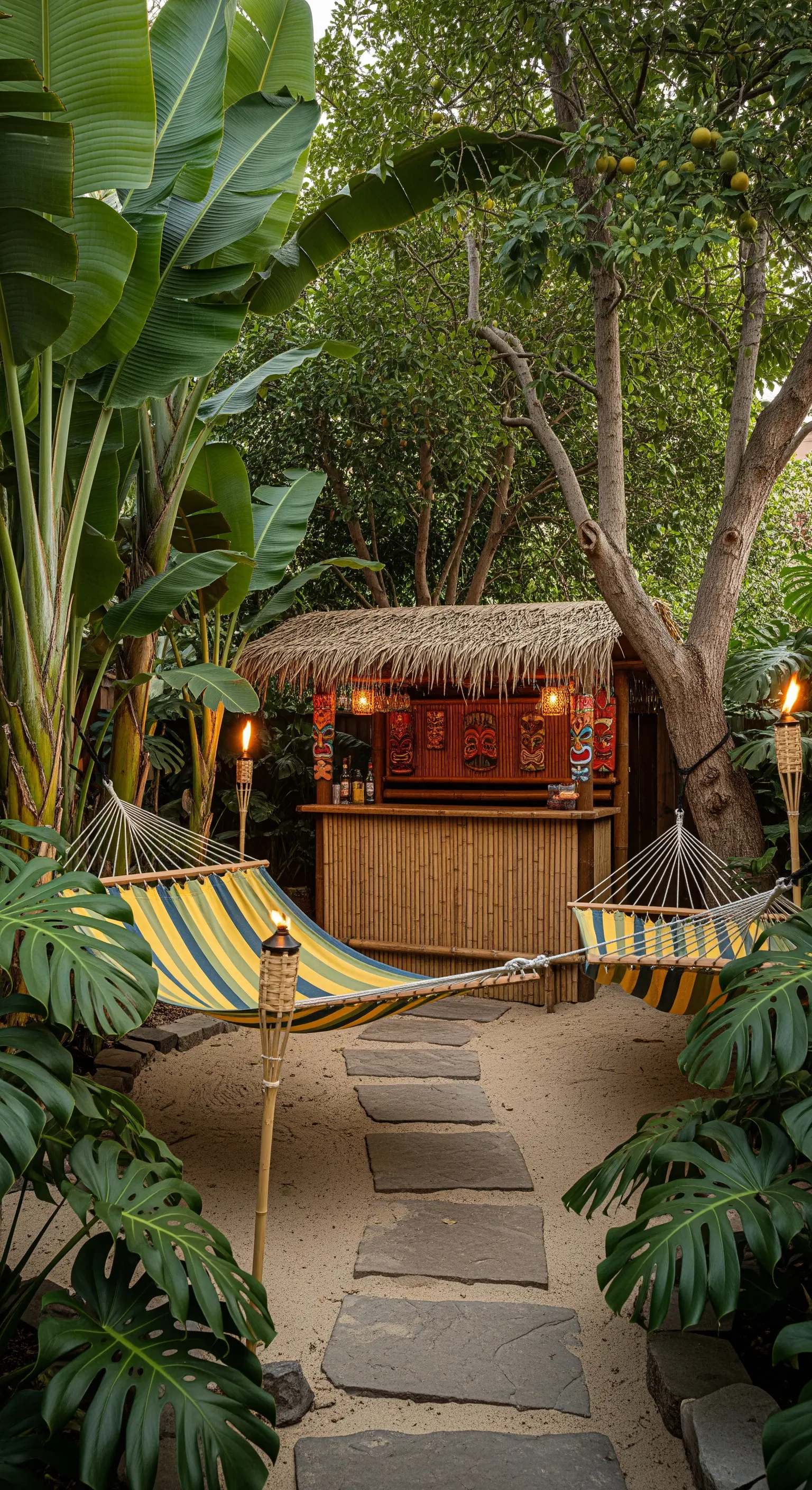 Giardino tropicale con sabbia, bar in bambù e due amache a strisce tra le piante.