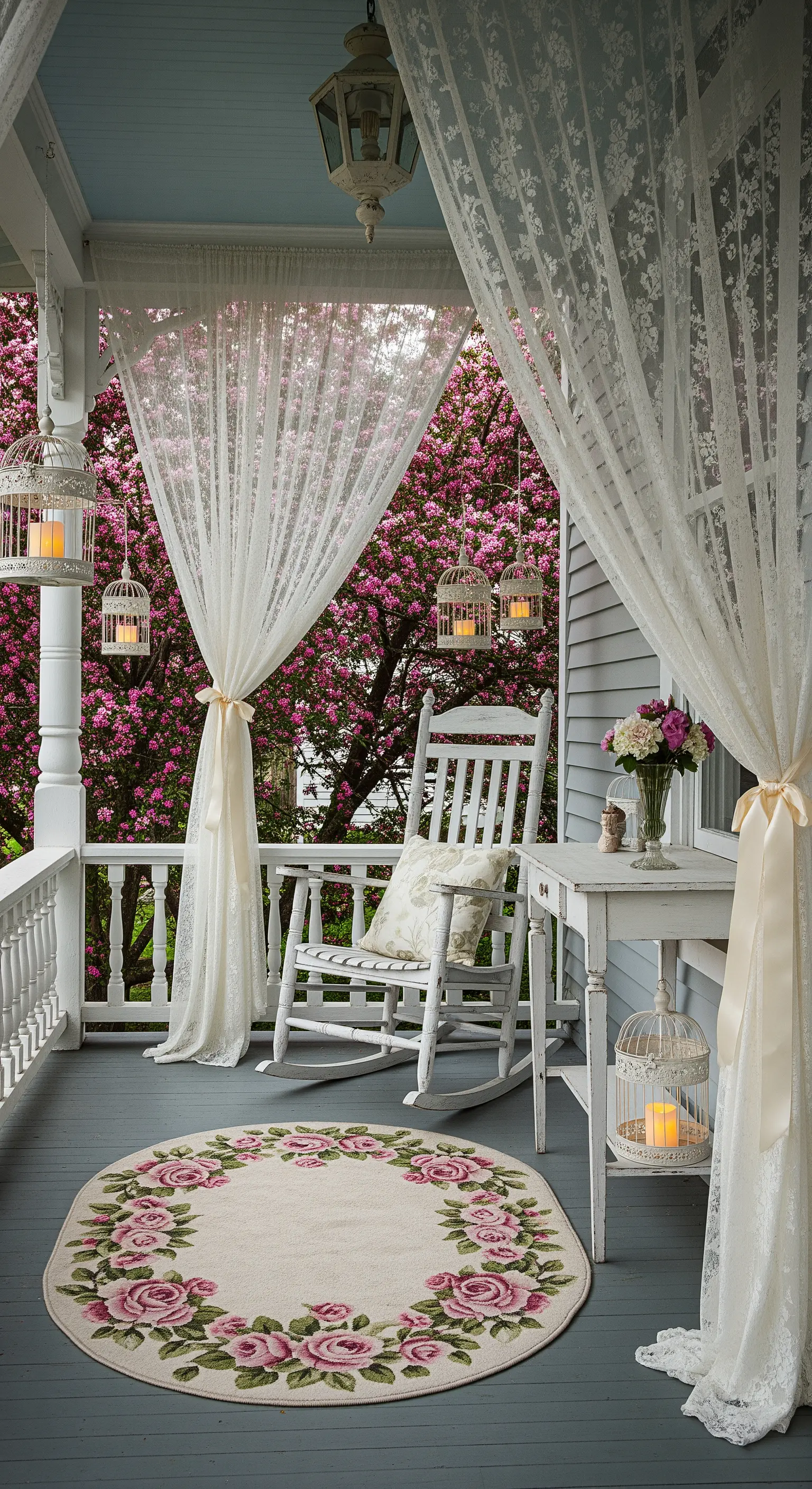 Portico shabby chic con sedia a dondolo bianca, tende in pizzo e tappeto floreale rotondo