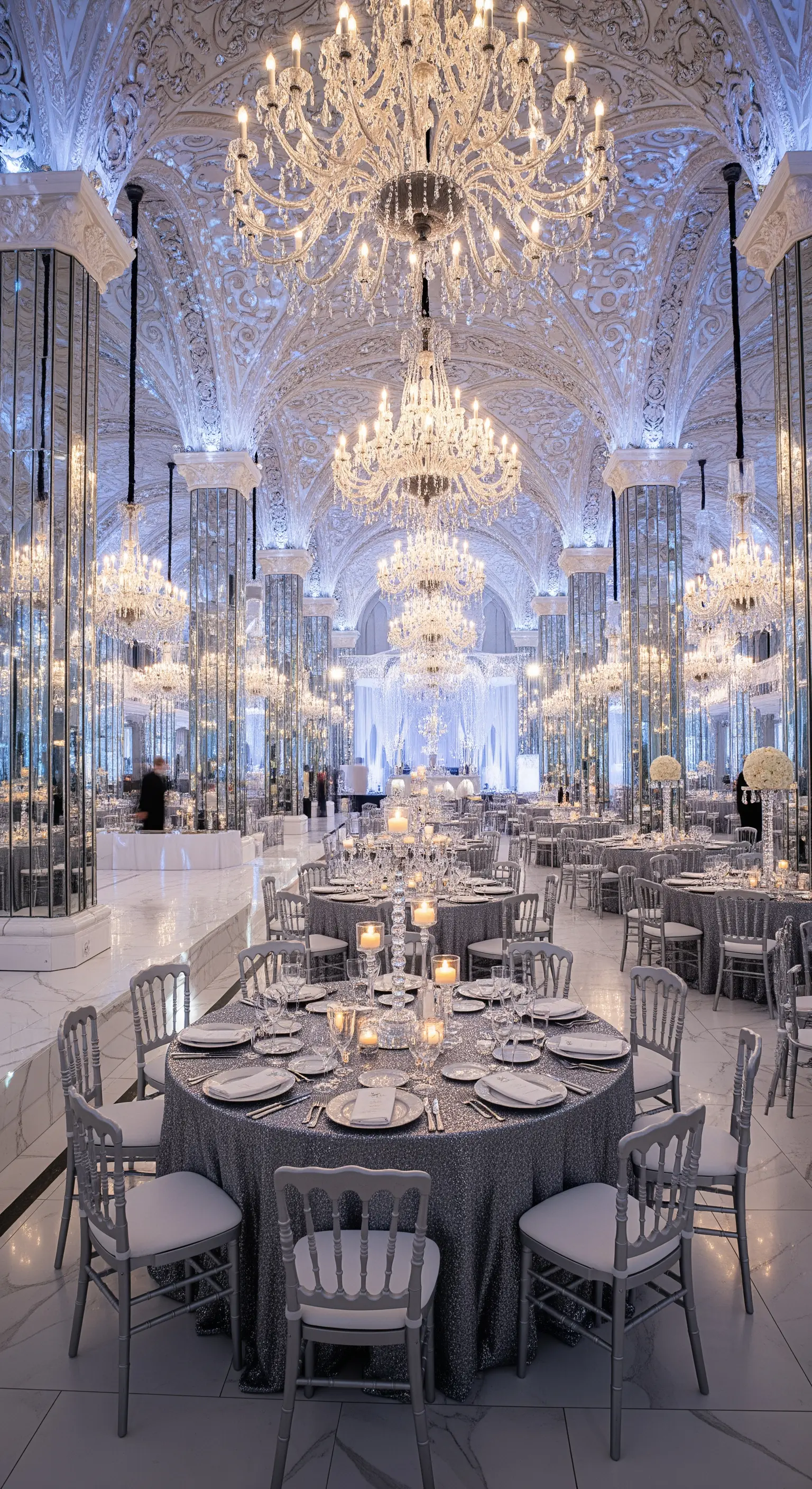 Sala da ballo con colonne a specchio, lampadari di cristallo e tavoli con tovaglie argento.