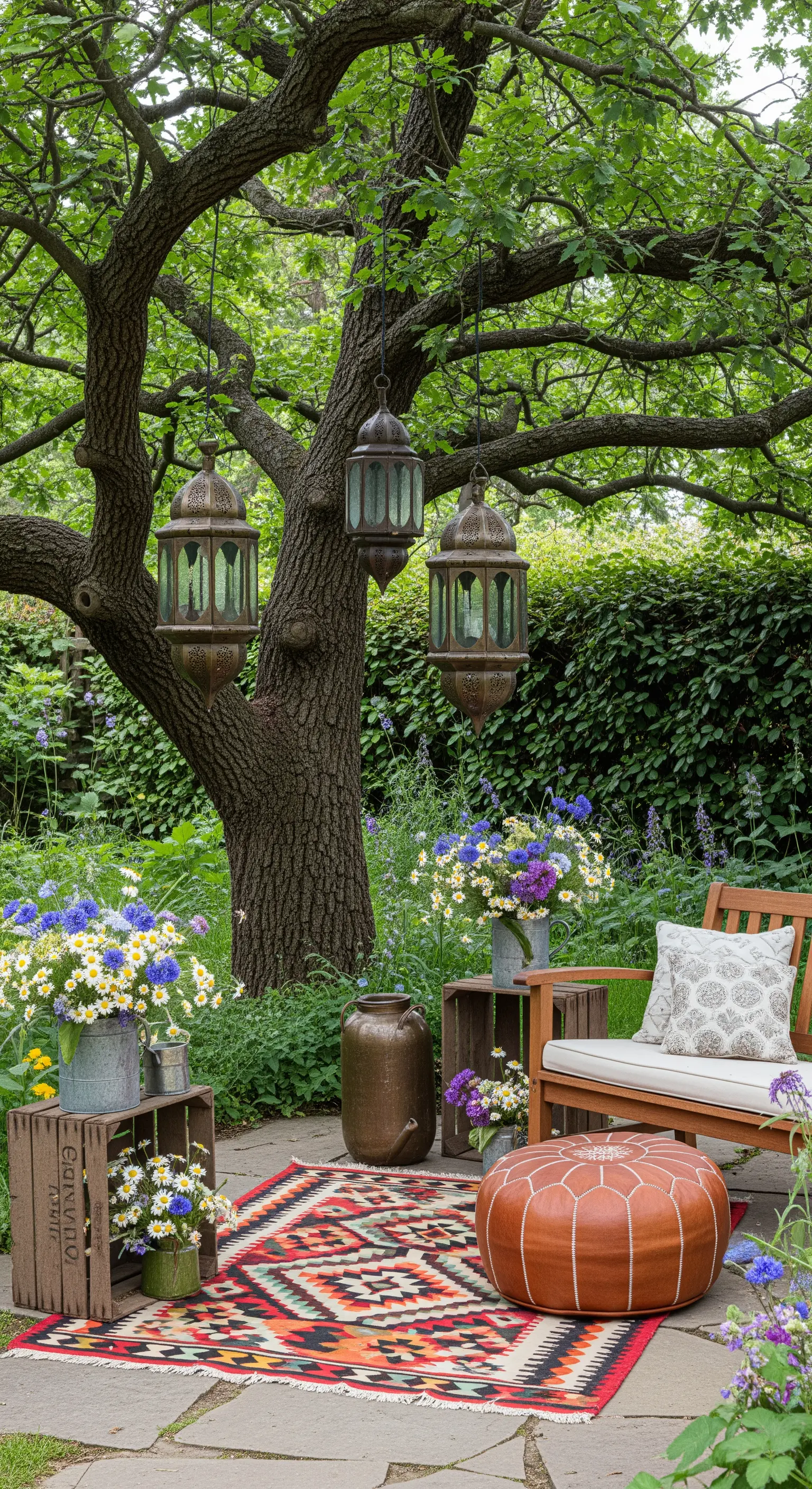Angolo relax in giardino con panchina, tappeto kilim e lanterne appese a un albero.