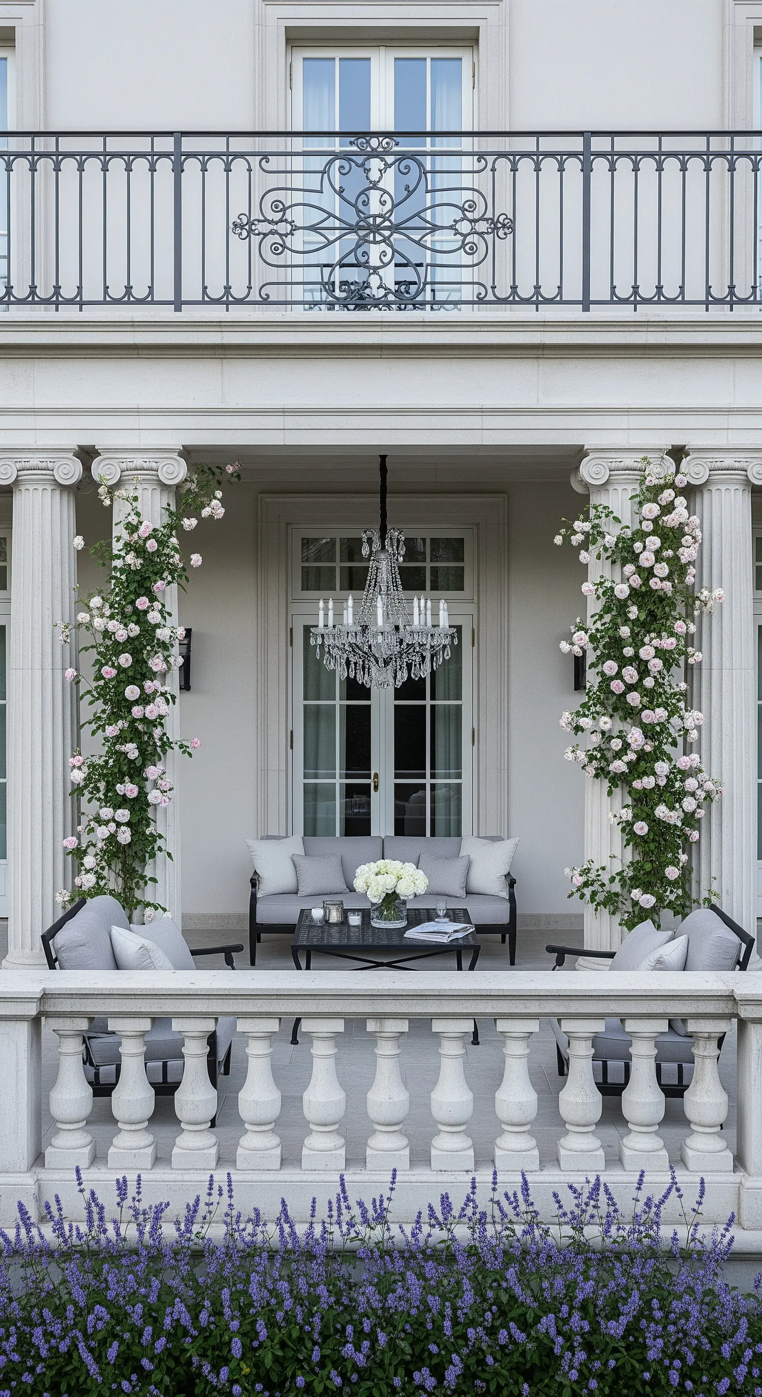 Terrazza elegante con colonne, lampadario di cristallo e divani grigi.