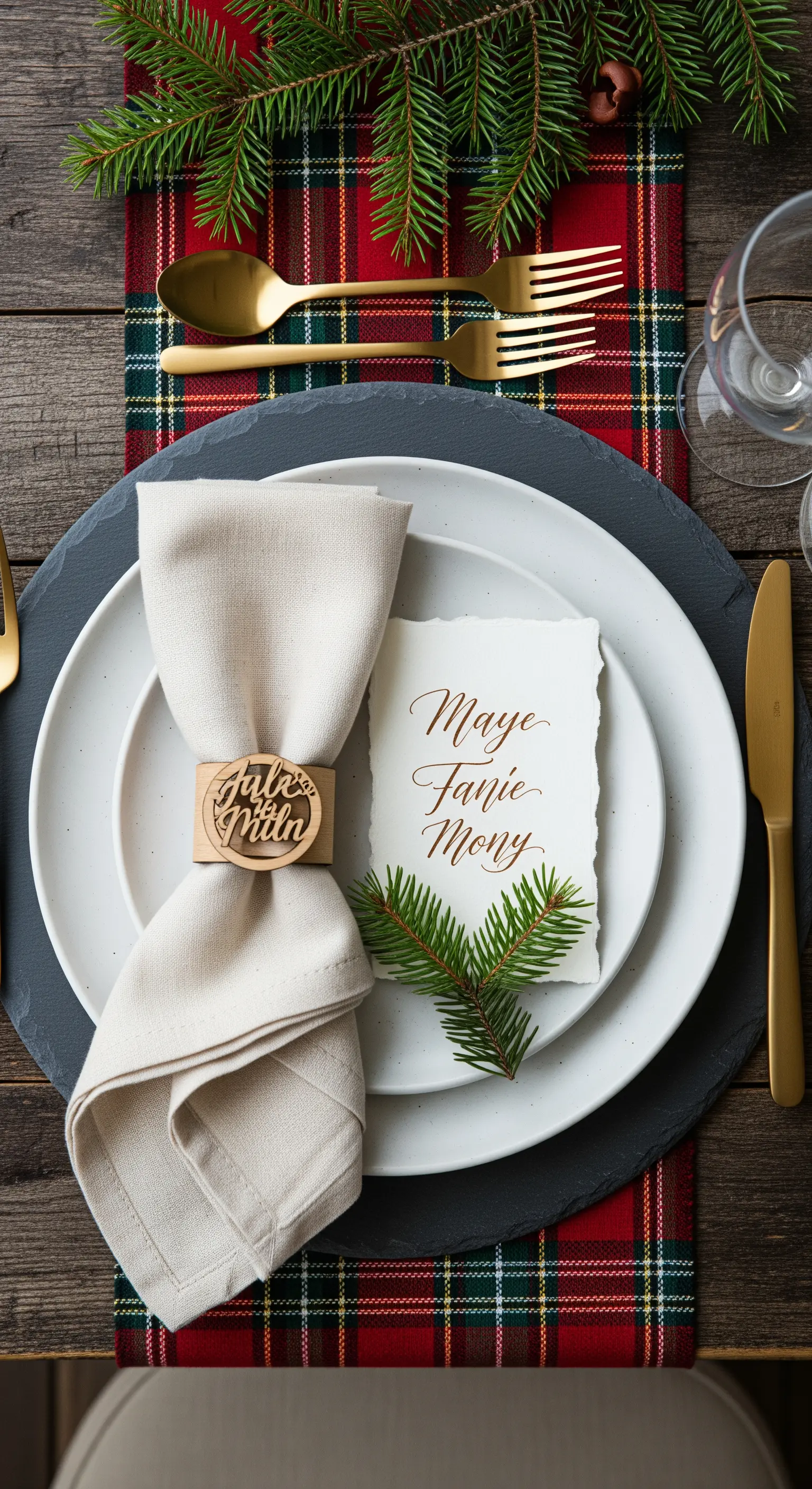 Mise en place con runner scozzese, anello in legno personalizzato e rametto di pino.