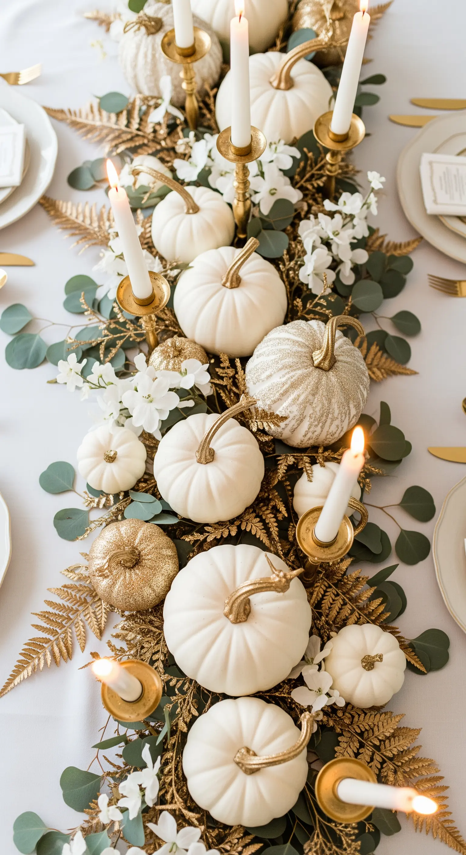 Centrotavola di Halloween con zucche bianche, glitter oro e felci