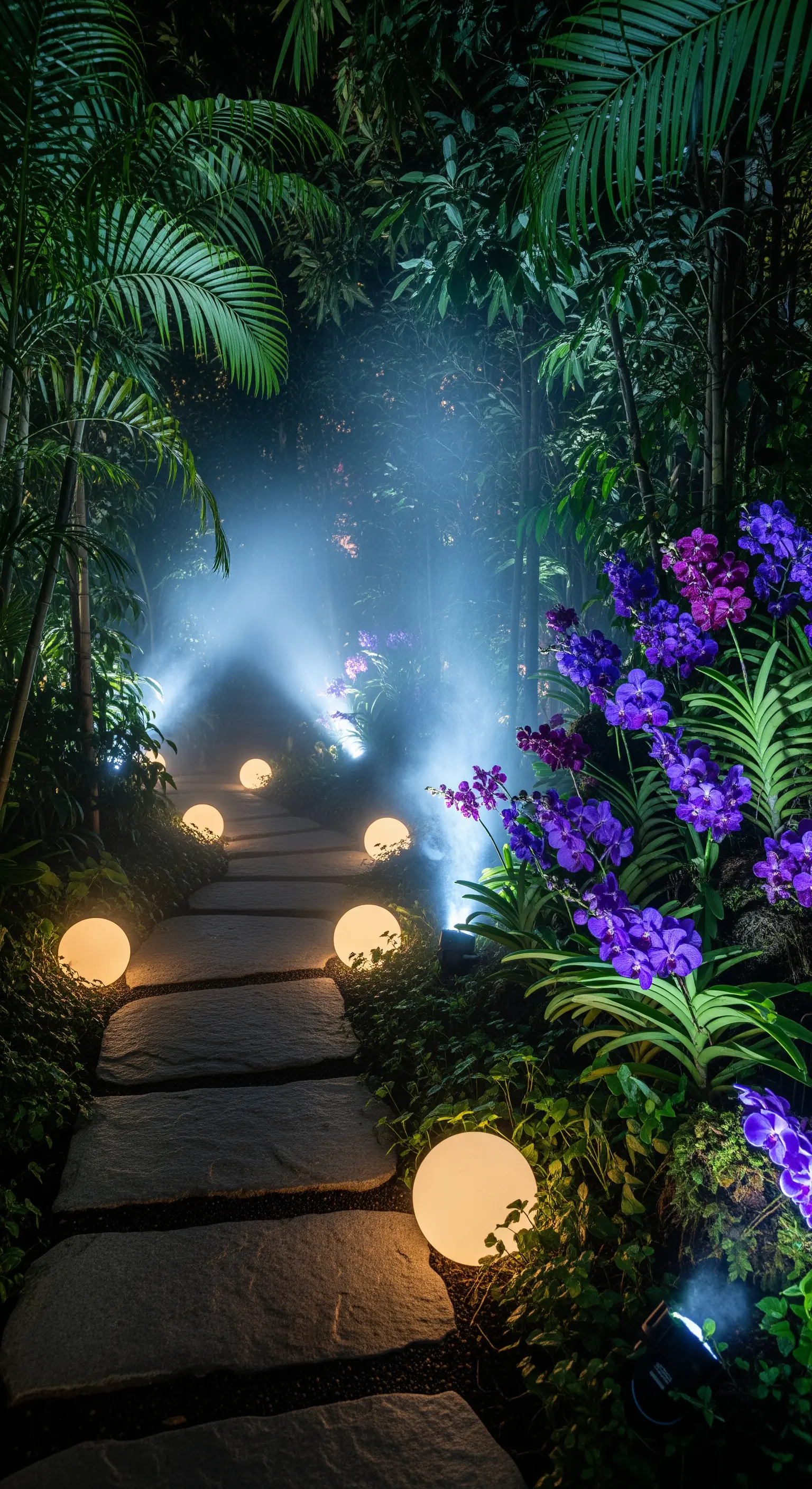 Sentiero in pietra in un giardino tropicale, illuminato da sfere luminose e orchidee viola.
