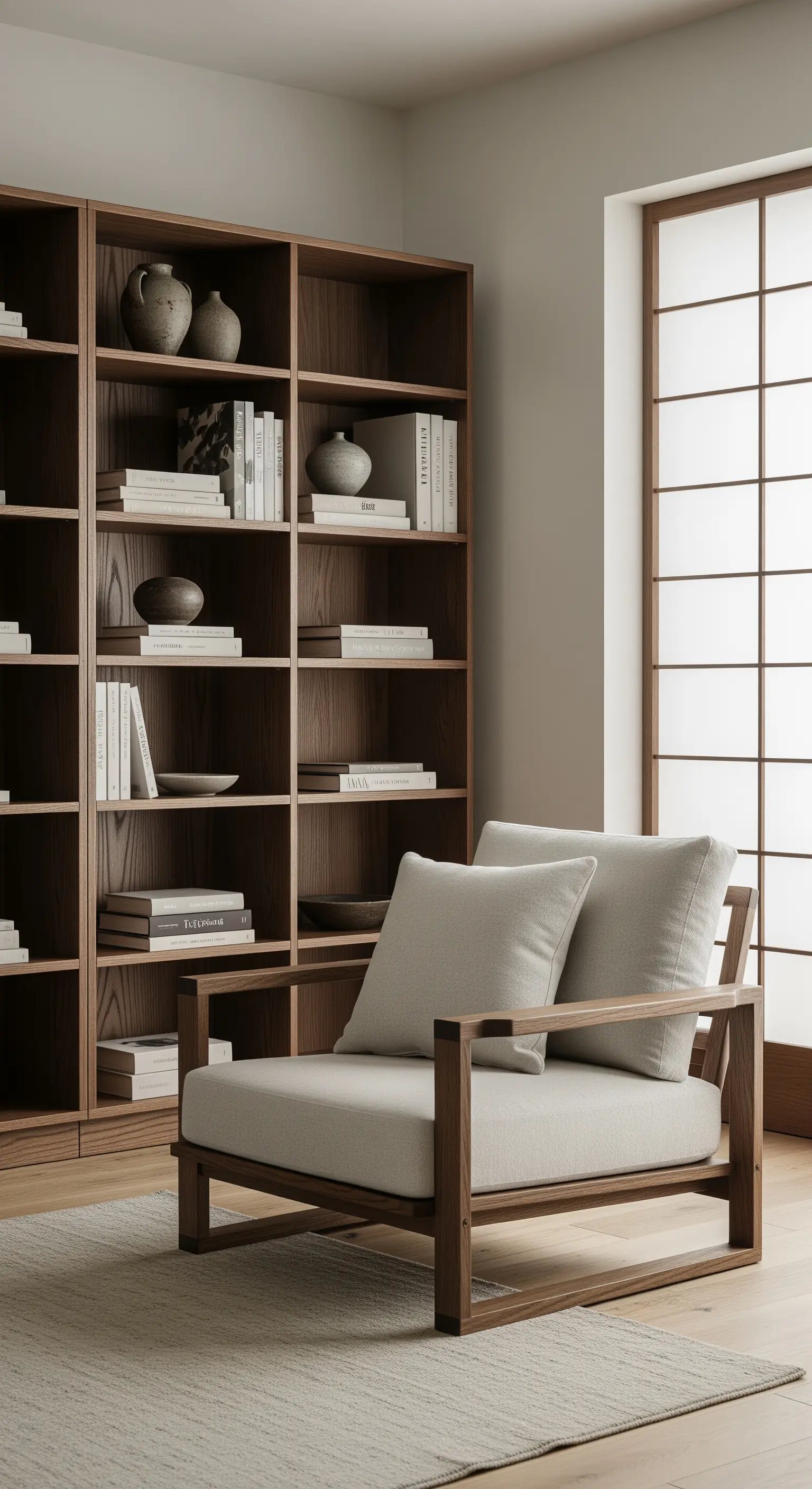 Libreria minimalista in noce con poltrona in legno e tessuto grigio chiaro.