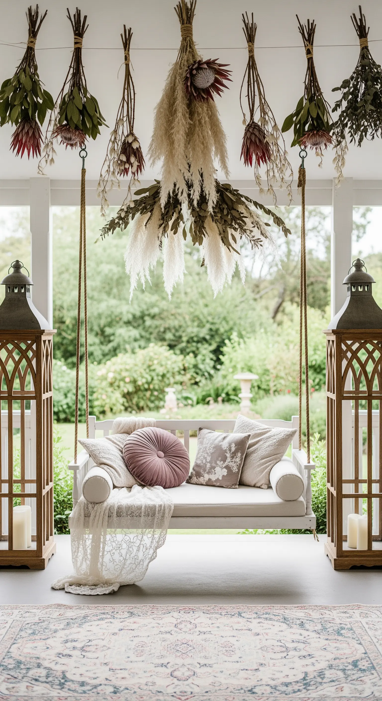 Dondolo bianco sotto un soffitto decorato con grandi composizioni di fiori secchi sospesi.
