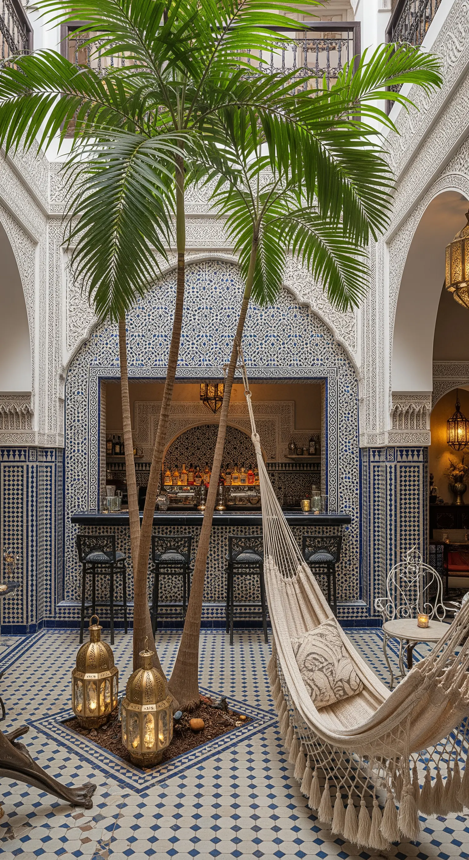 Cortile di un riad marocchino con piastrelle a mosaico, una palma e un'amaca bianca.