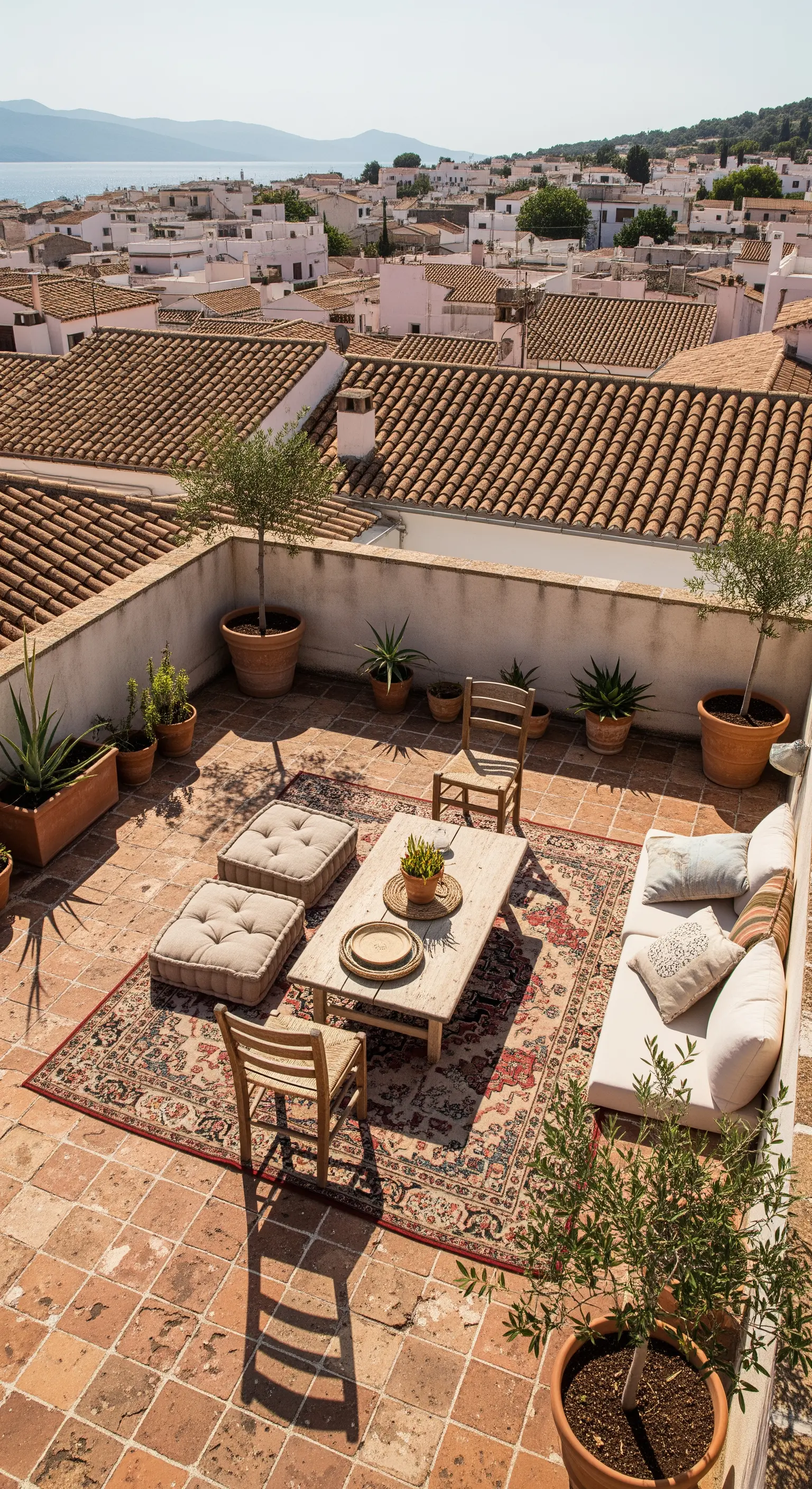 Terrazza panoramica con un grande tappeto etnico, divanetto basso e cuscini da terra.