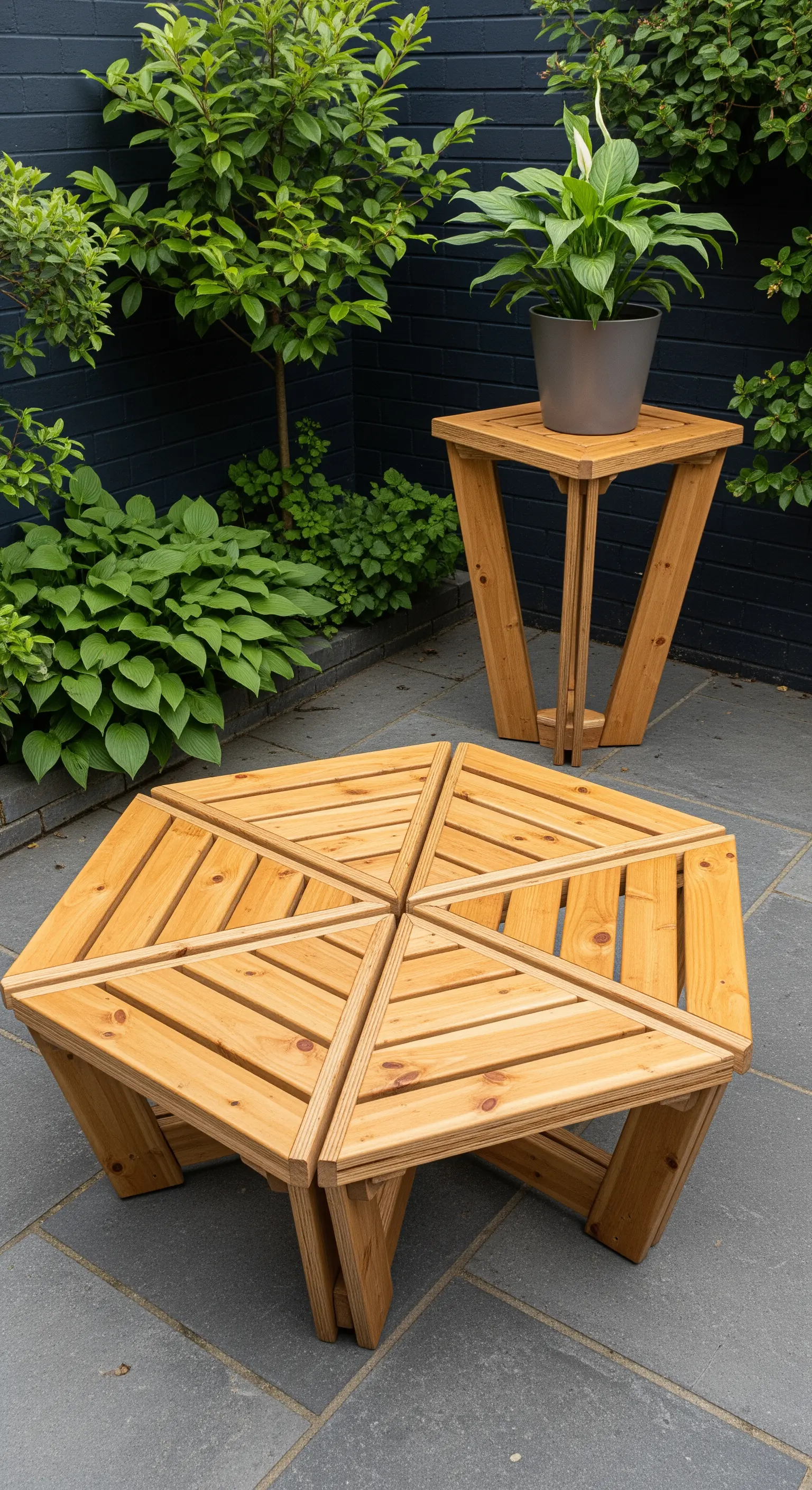 Tavolo esagonale modulare in legno, composto da sei sezioni triangolari separate.