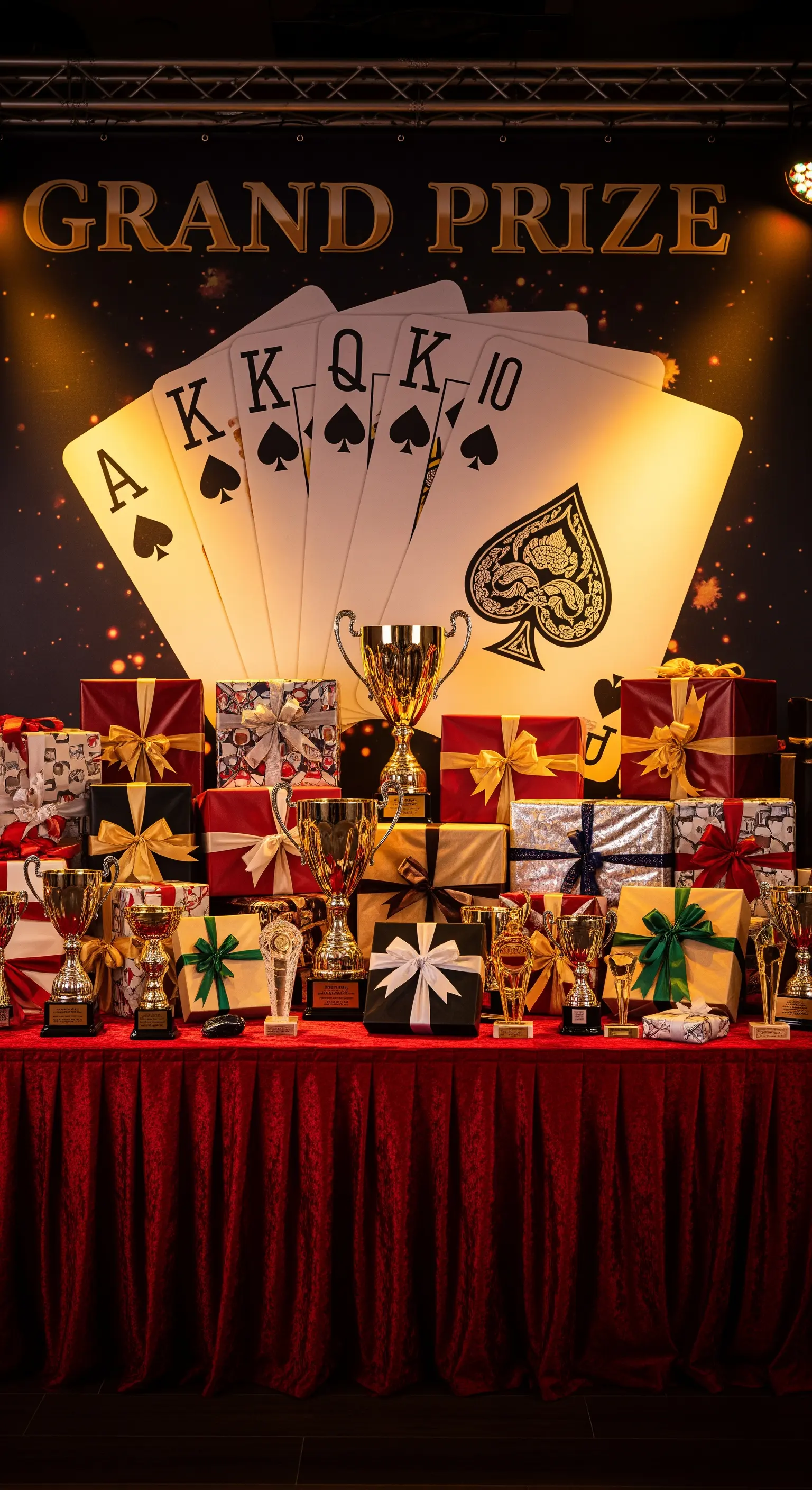 Tavolo dei premi con trofei e pacchi regalo davanti a un backdrop di carte da gioco giganti.