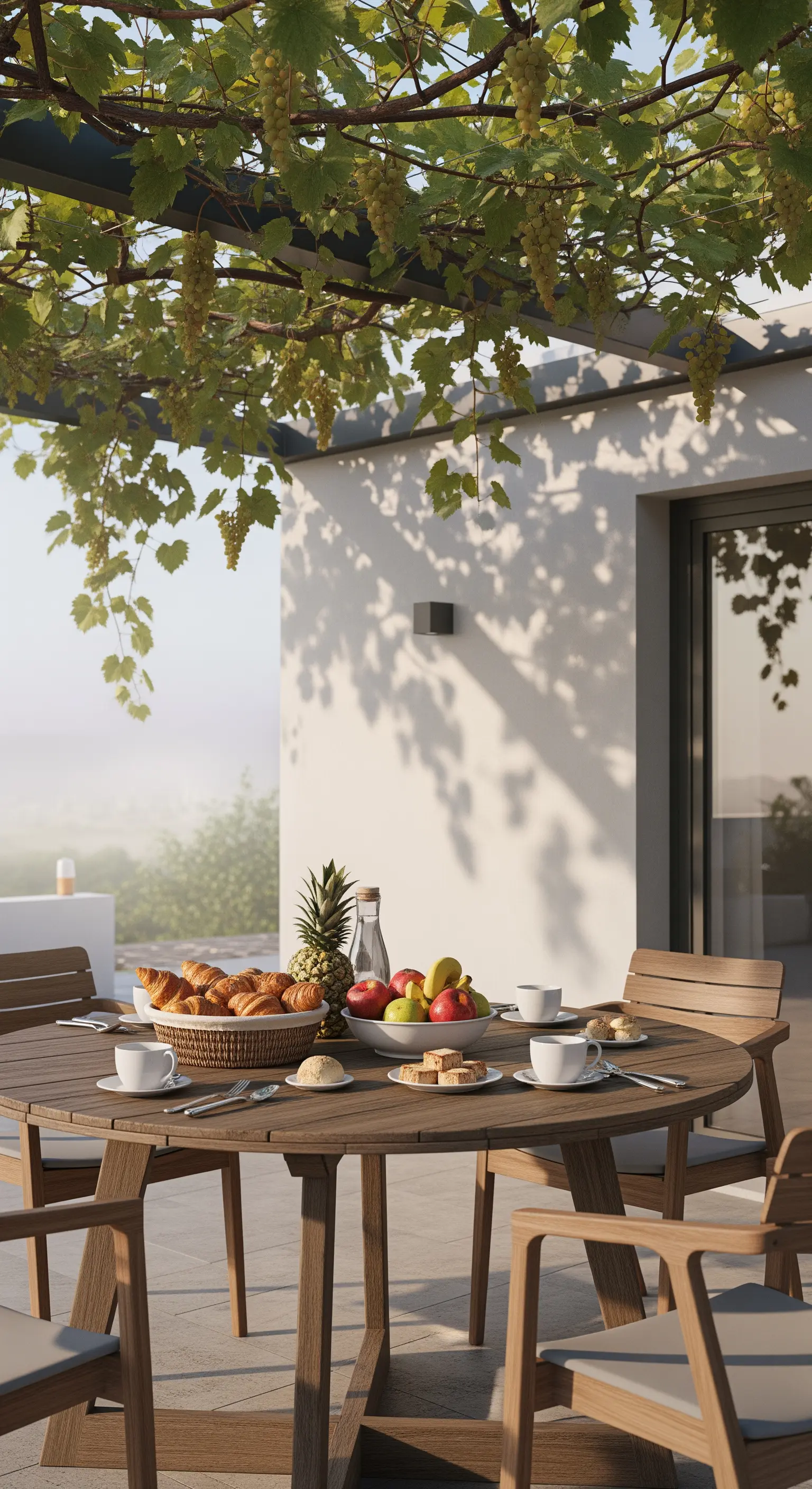 Tavolo da colazione sotto un pergolato le cui ombre si proiettano su una parete bianca