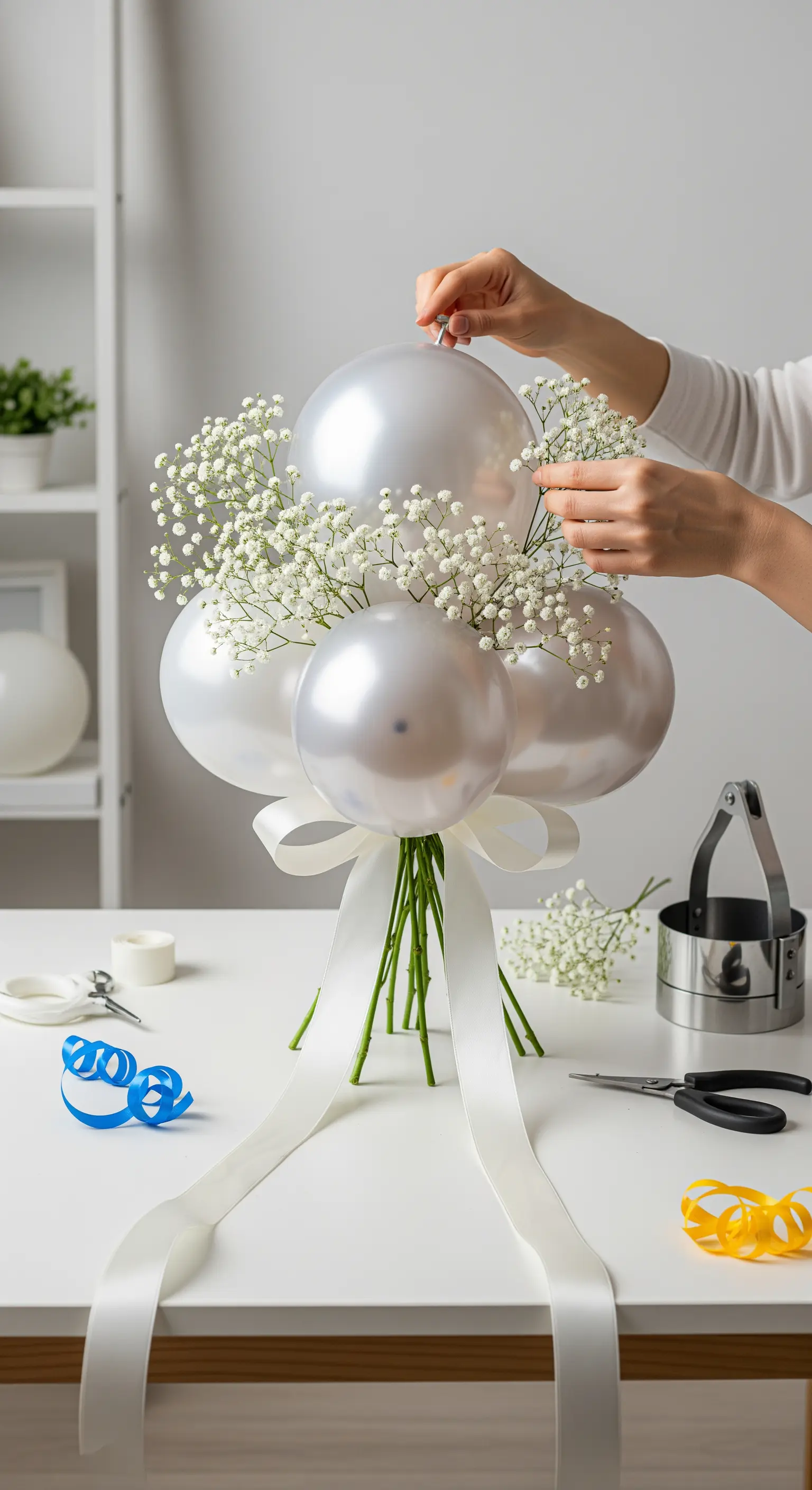 Una persona aggiunge rametti di gipsofila a un bouquet di palloncini color argento.