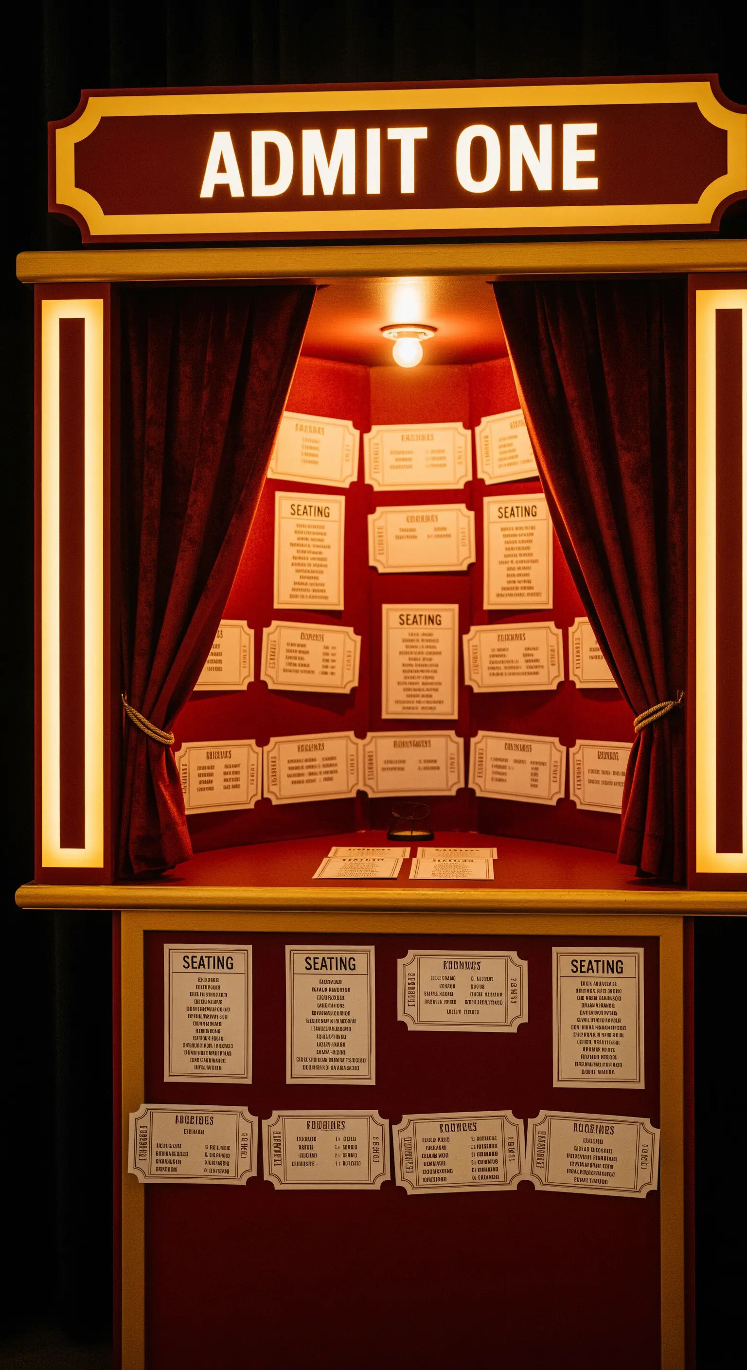 Tableau de mariage a forma di biglietteria del cinema con biglietti vintage per gli ospiti