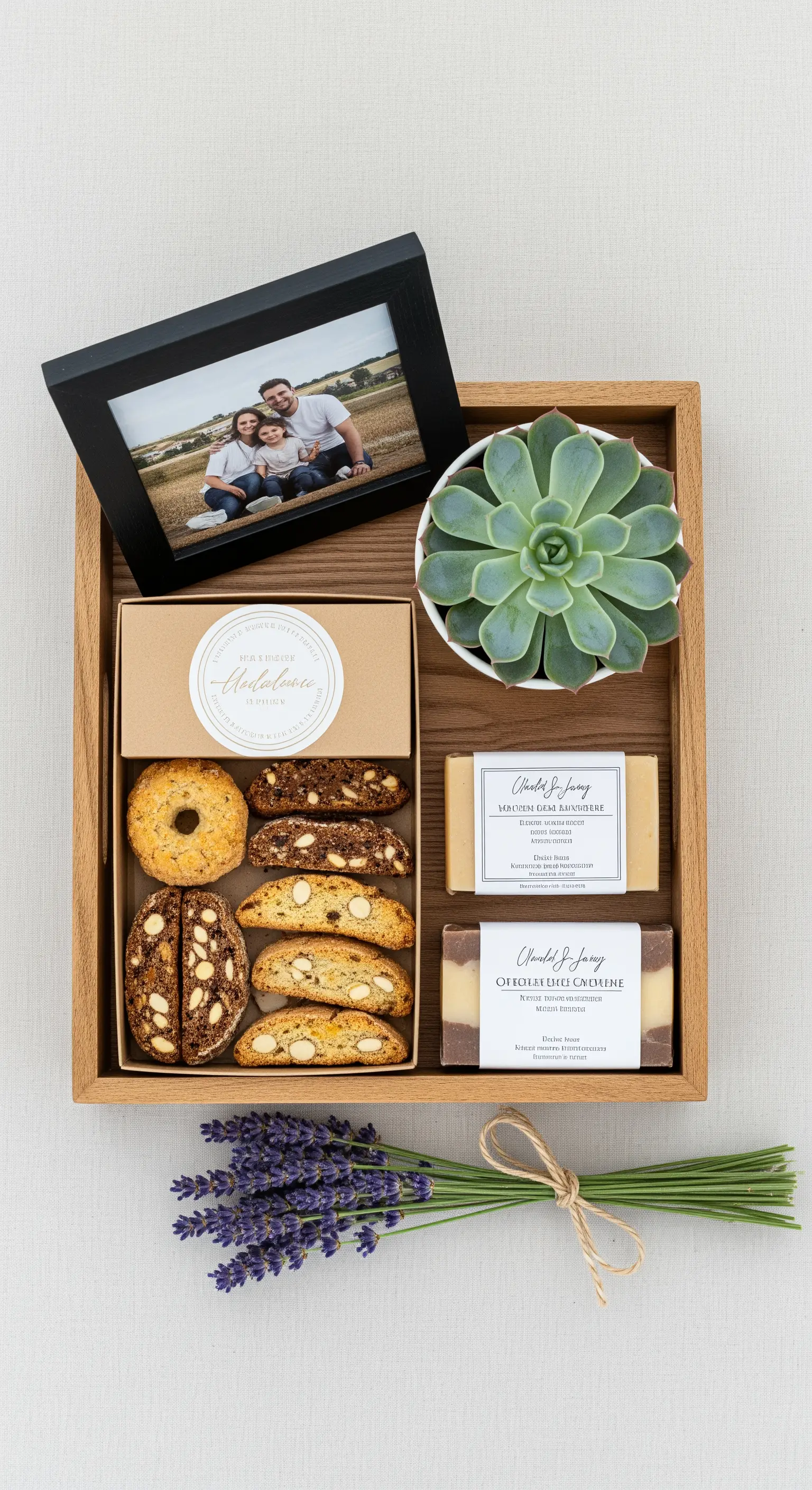 Vassoio regalo in legno con biscotti, saponi artigianali, una pianta grassa e una foto incorniciata.
