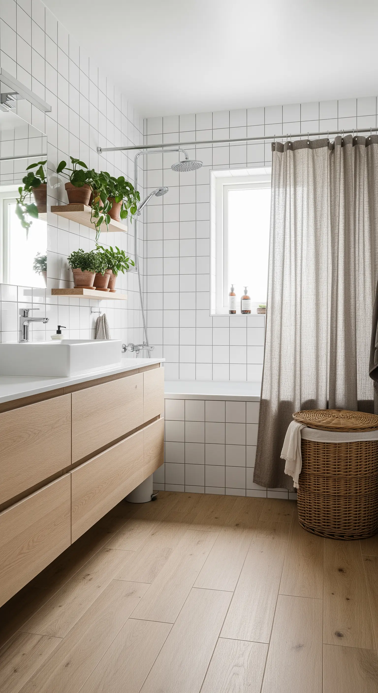 Bagno con mobile in legno, mensole con piante e tenda da doccia in lino.