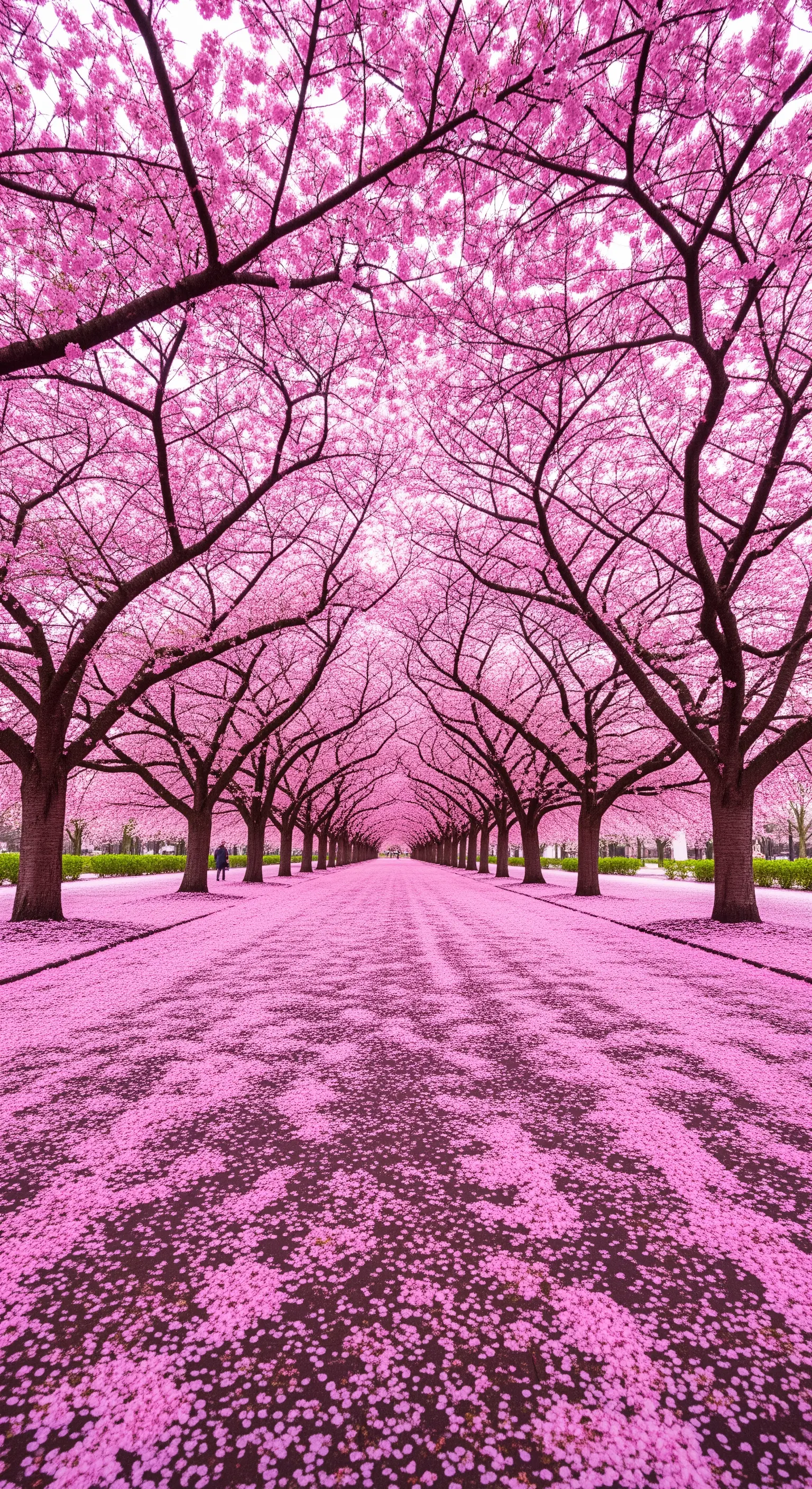 Lungo viale fiancheggiato da alberi di ciliegio in piena fioritura, con petali rosa a terra.