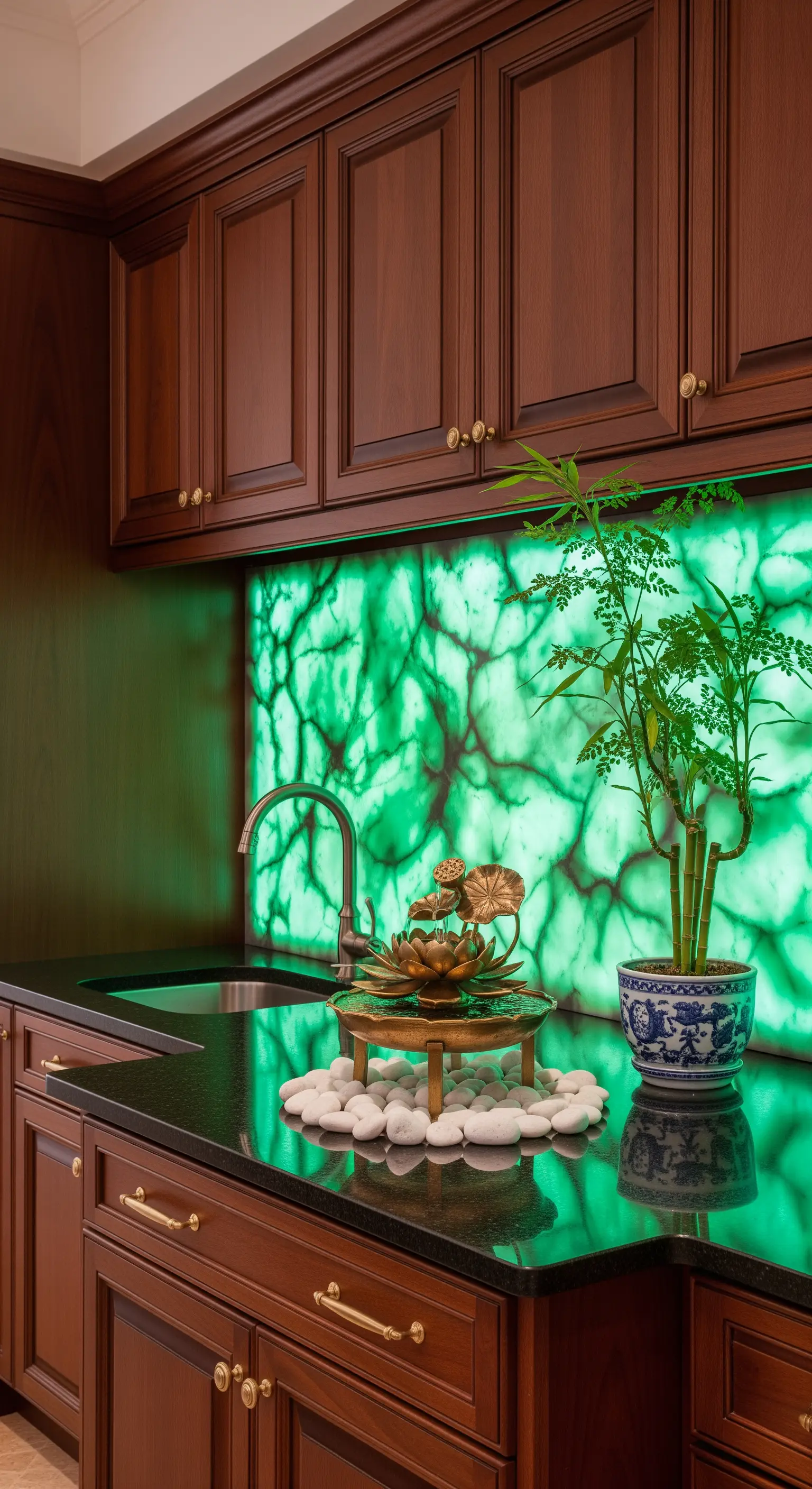 Paraschizzi in alabastro verde retroilluminato in una cucina con mobili in legno scuro.