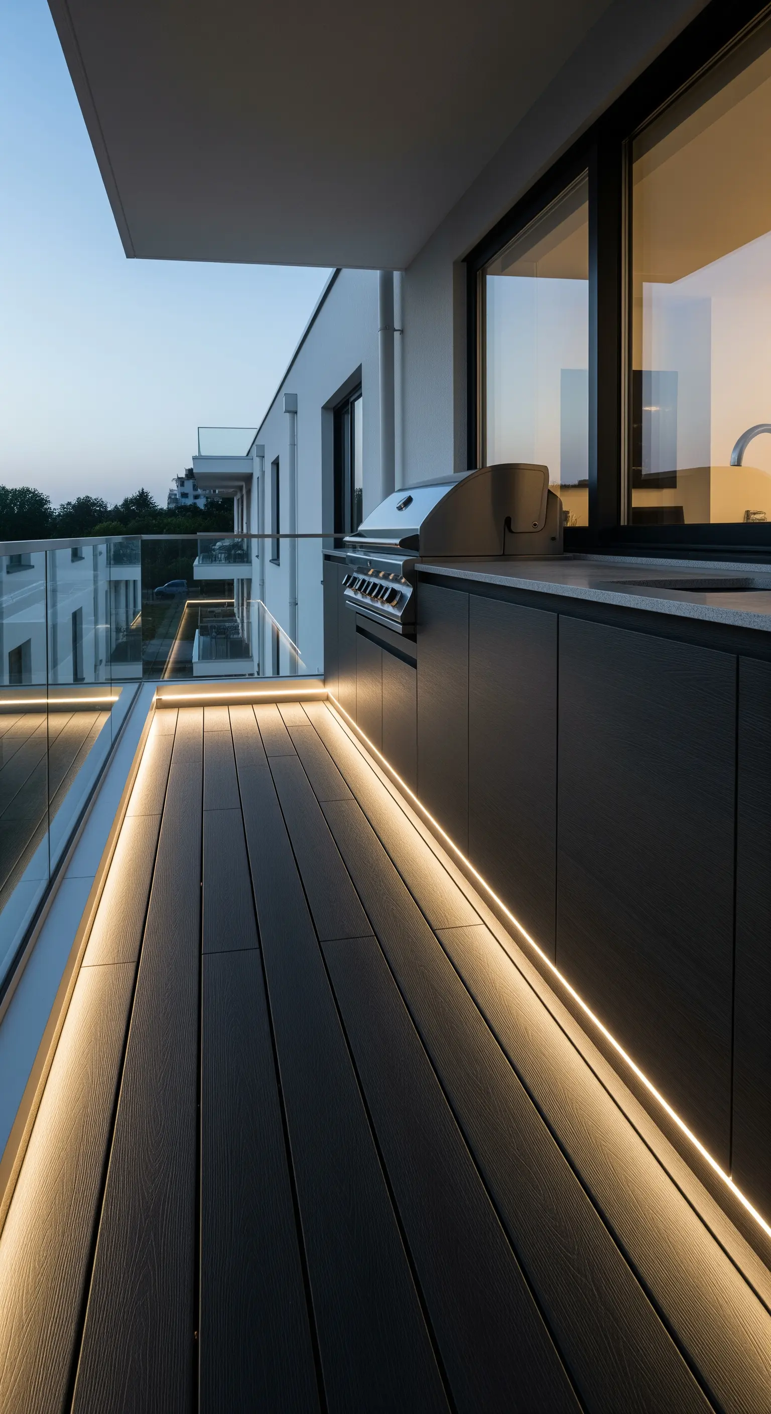 Cucina esterna su un balcone con illuminazione LED integrata sotto il piano di lavoro