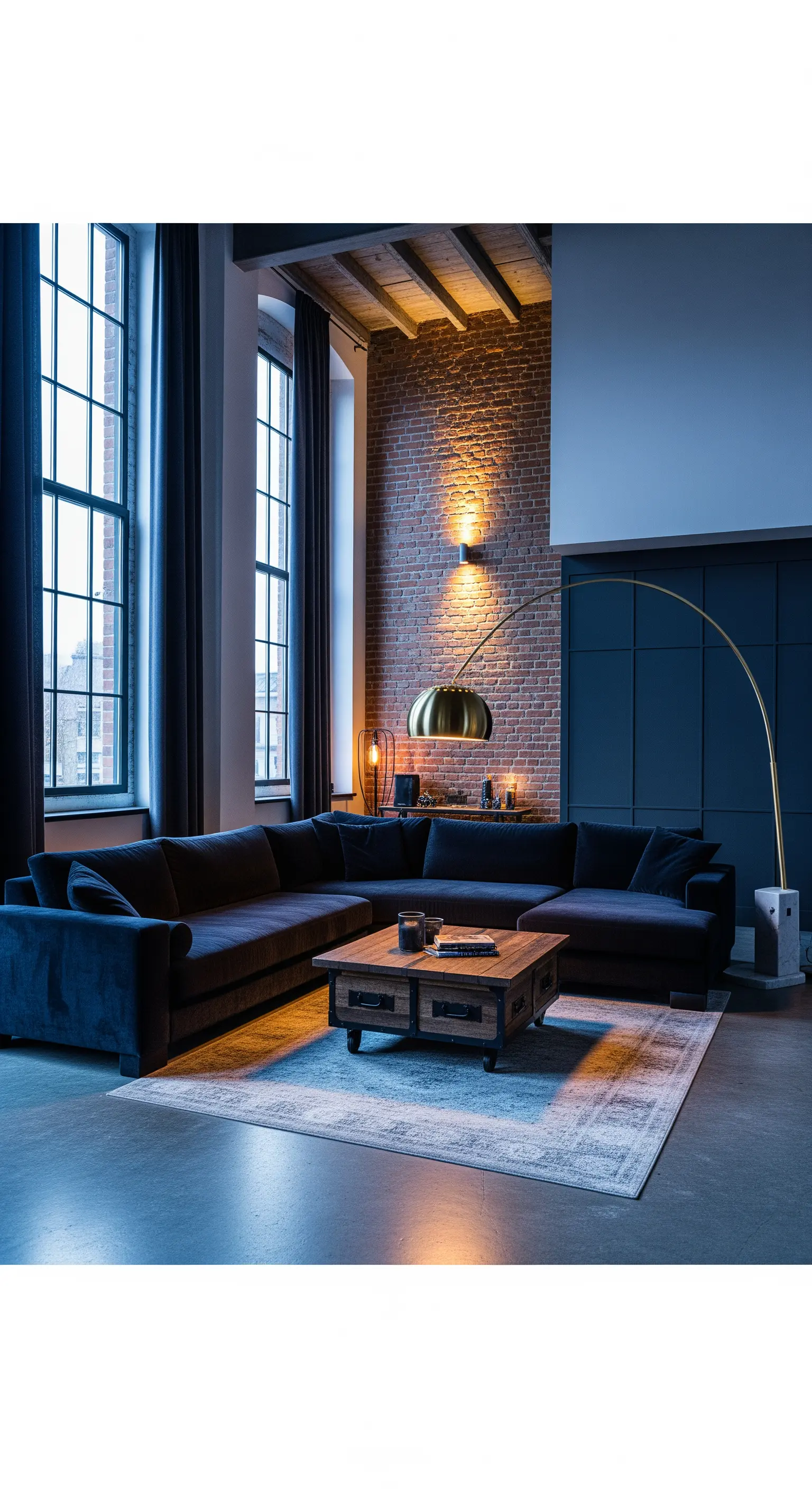 Divano angolare in velluto blu in un loft con parete in mattoni e lampada ad arco dorata.