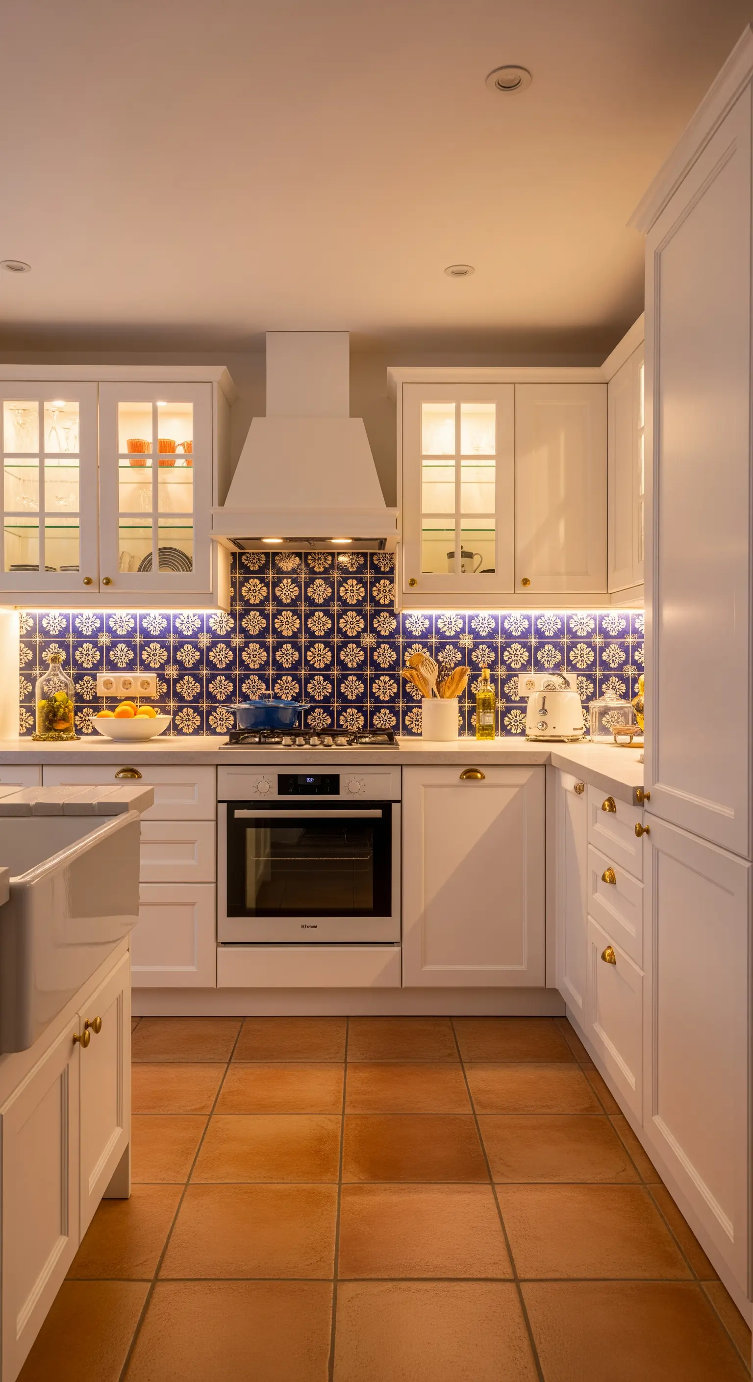 Cucina bianca con paraschizzi in maiolica blu illuminato da luci a led sotto i pensili.