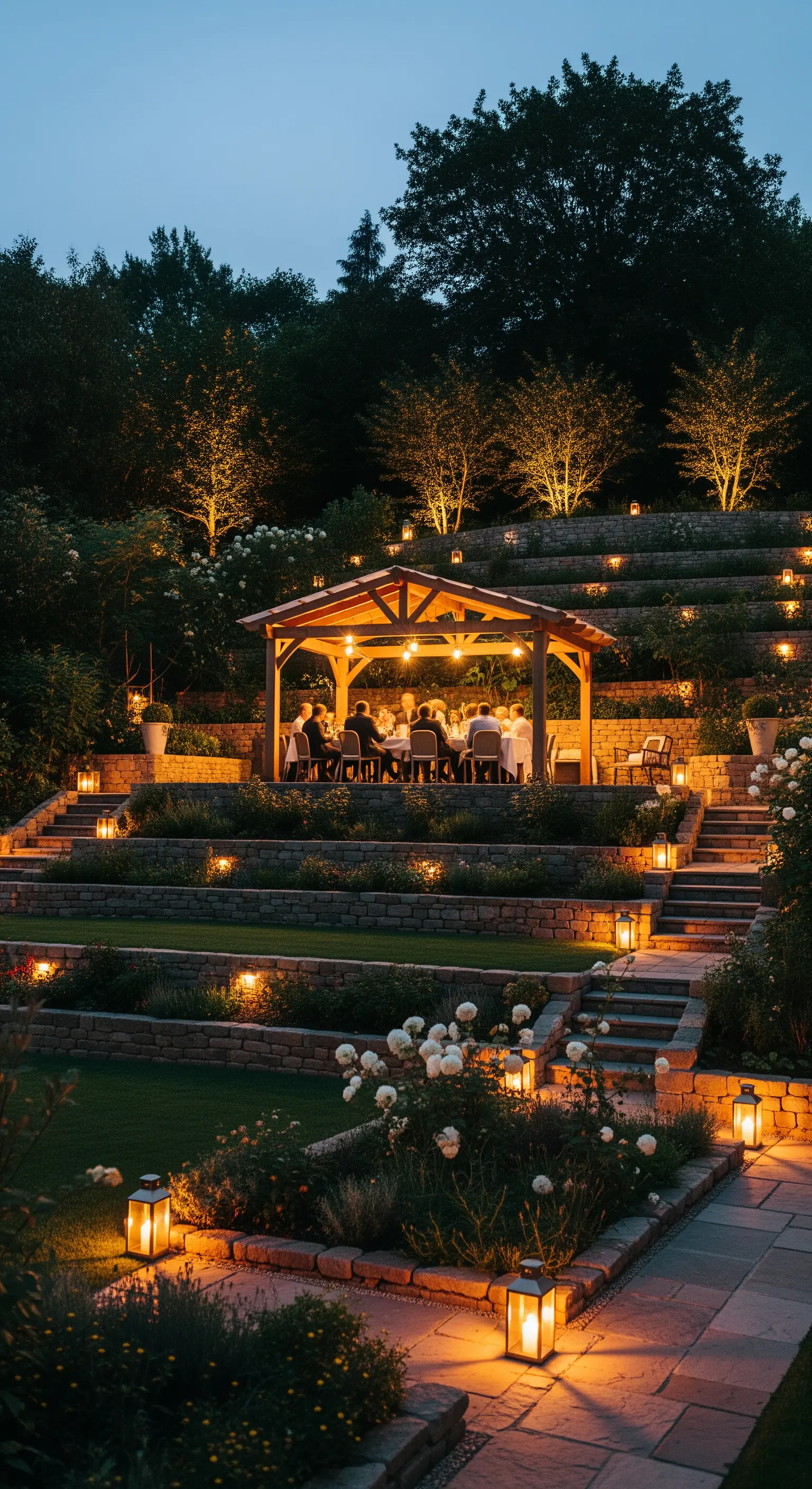 Giardino terrazzato di notte con un gazebo illuminato in cima e lanterne lungo i sentieri.