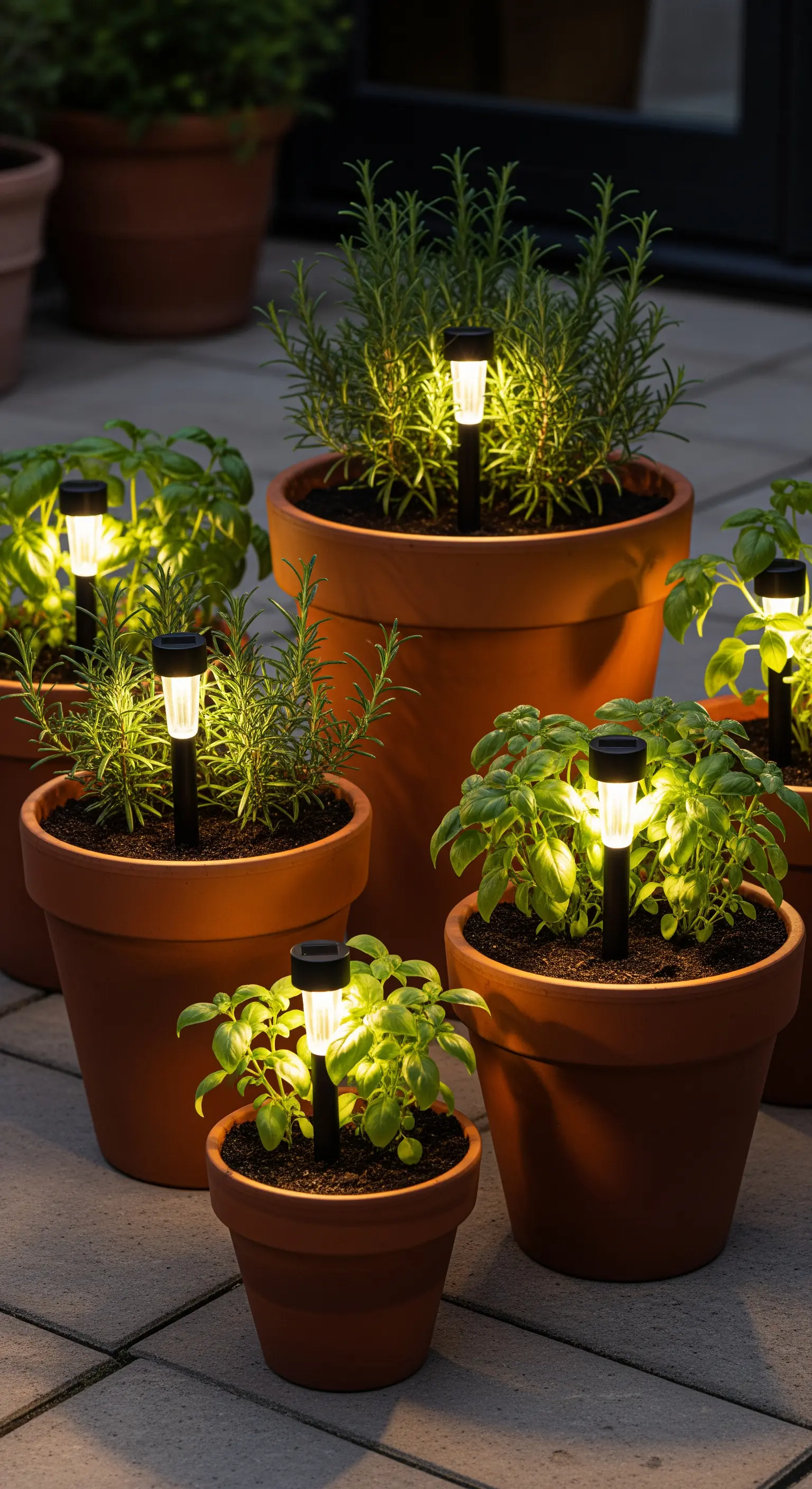 Vasi di terracotta con erbe aromatiche, ciascuno illuminato da un piccolo faretto solare.