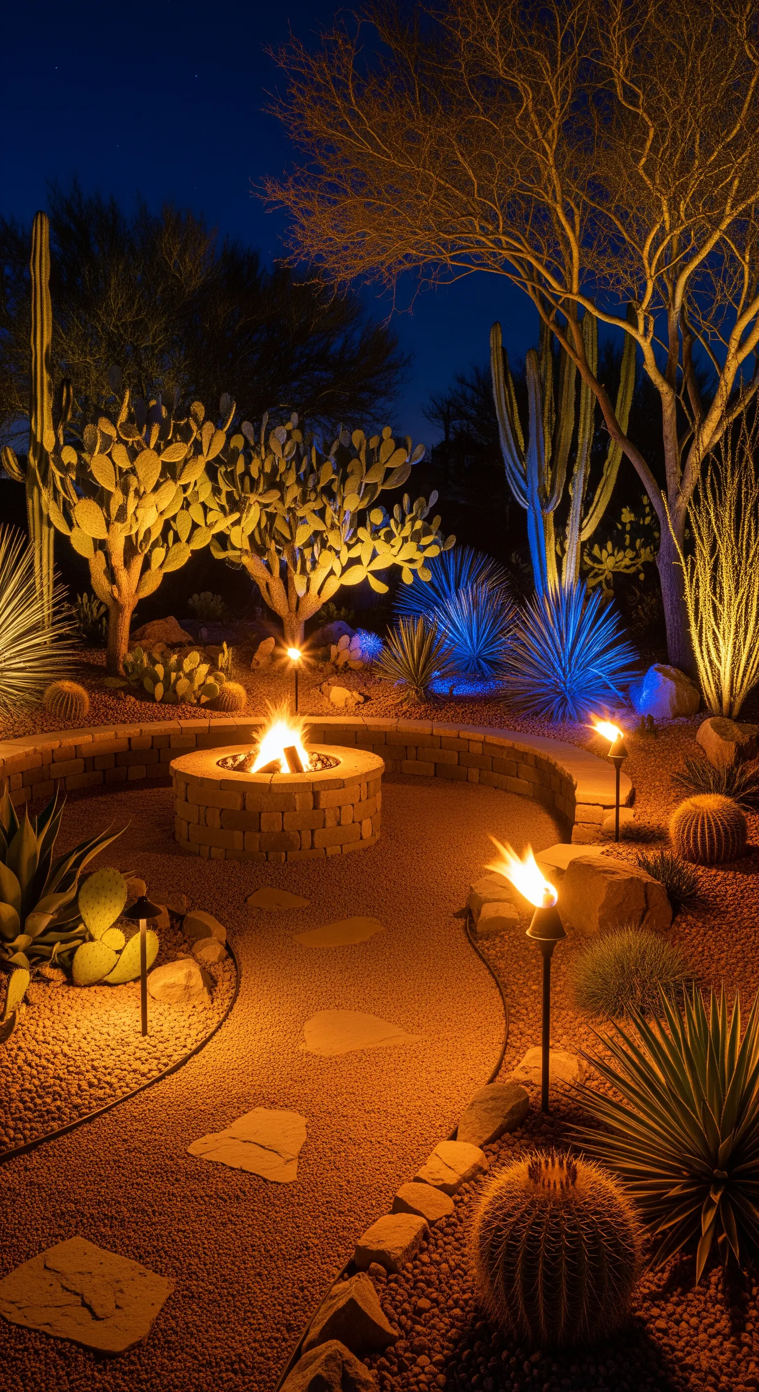 Giardino desertico di notte con cactus e piante grasse illuminate da faretti caldi e freddi.