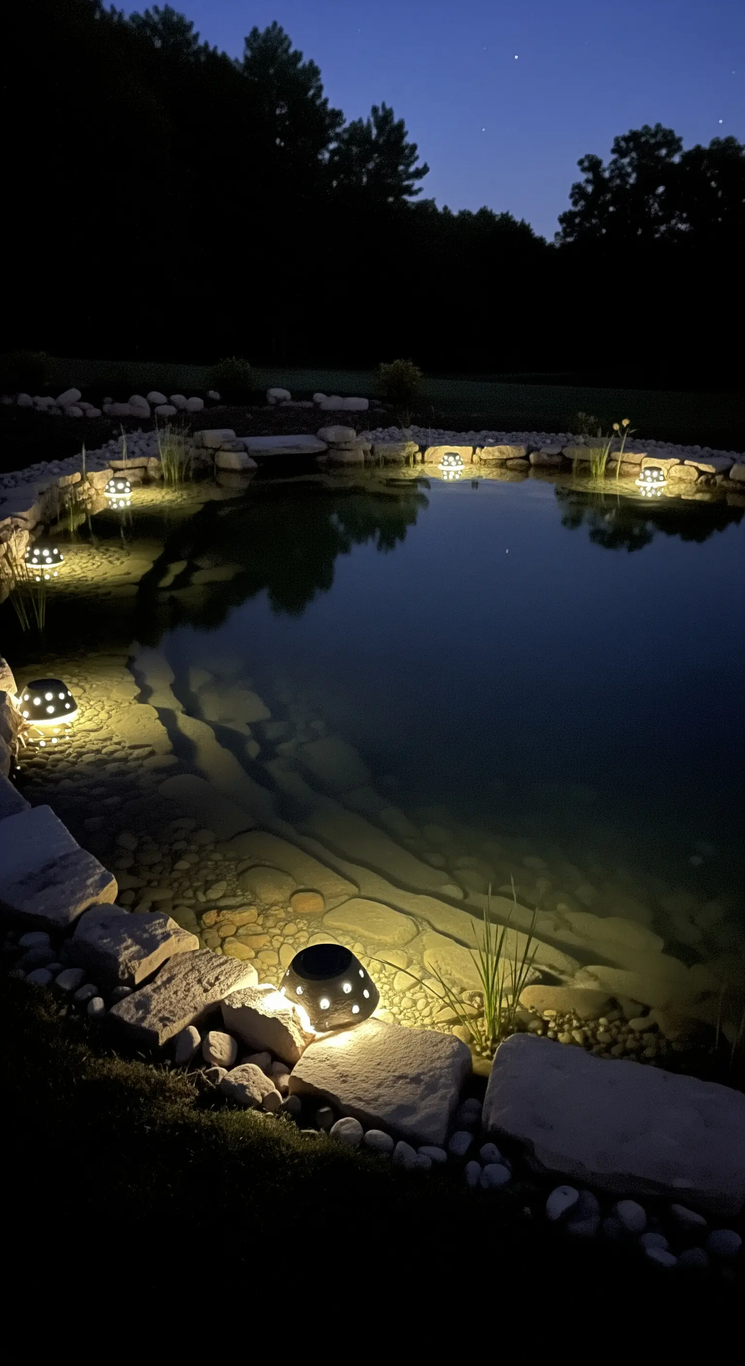 Laghetto da giardino di notte con piccole luci solari lungo il bordo roccioso.