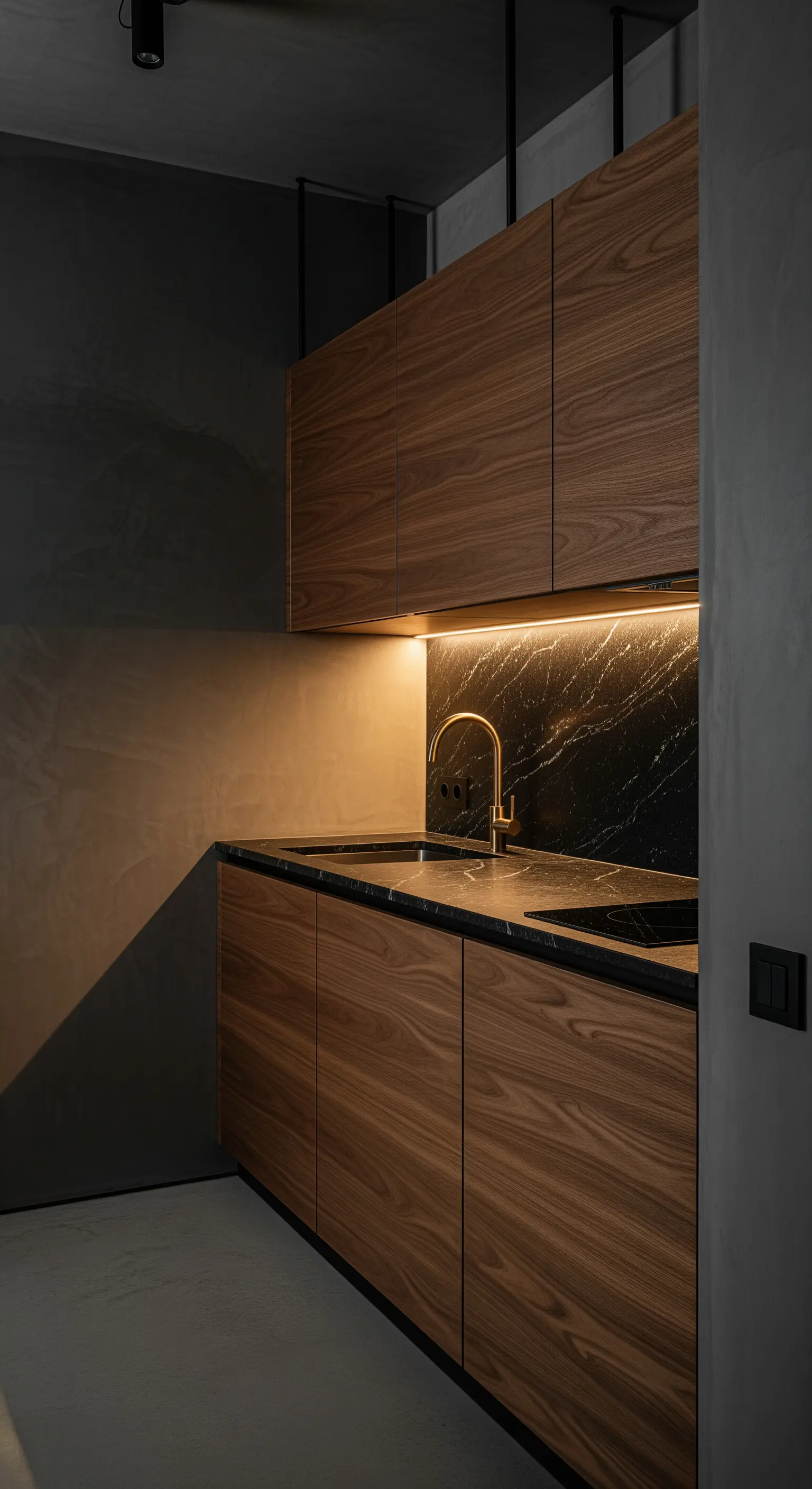 Dettaglio di una cucina con mobili in legno, top nero e illuminazione calda sotto i pensili.