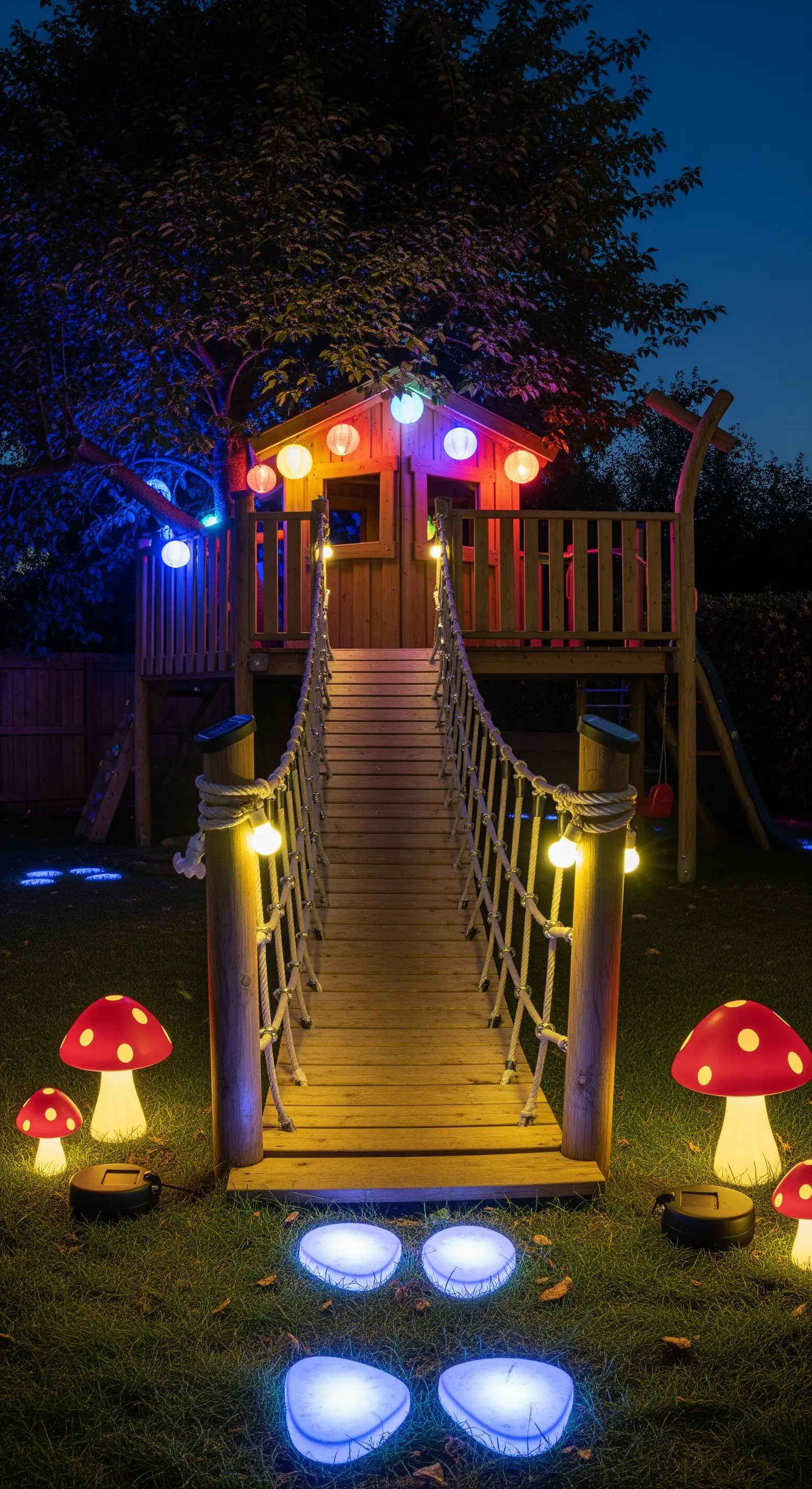 Casa sull'albero in legno illuminata da lanterne colorate e con un sentiero di funghi luminosi.