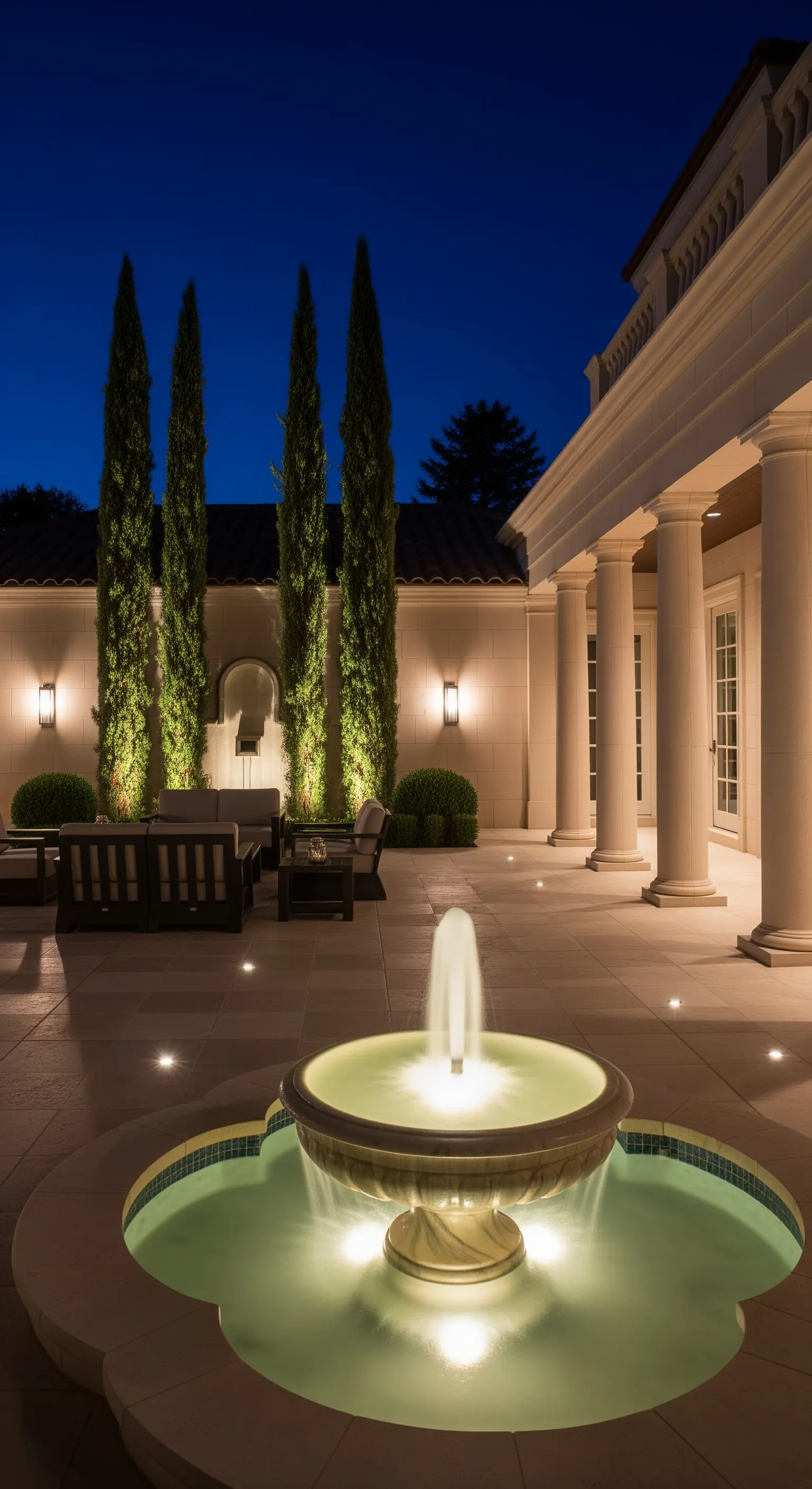 Patio con colonne e cipressi illuminati dal basso di notte; una fontana centrale con luce interna