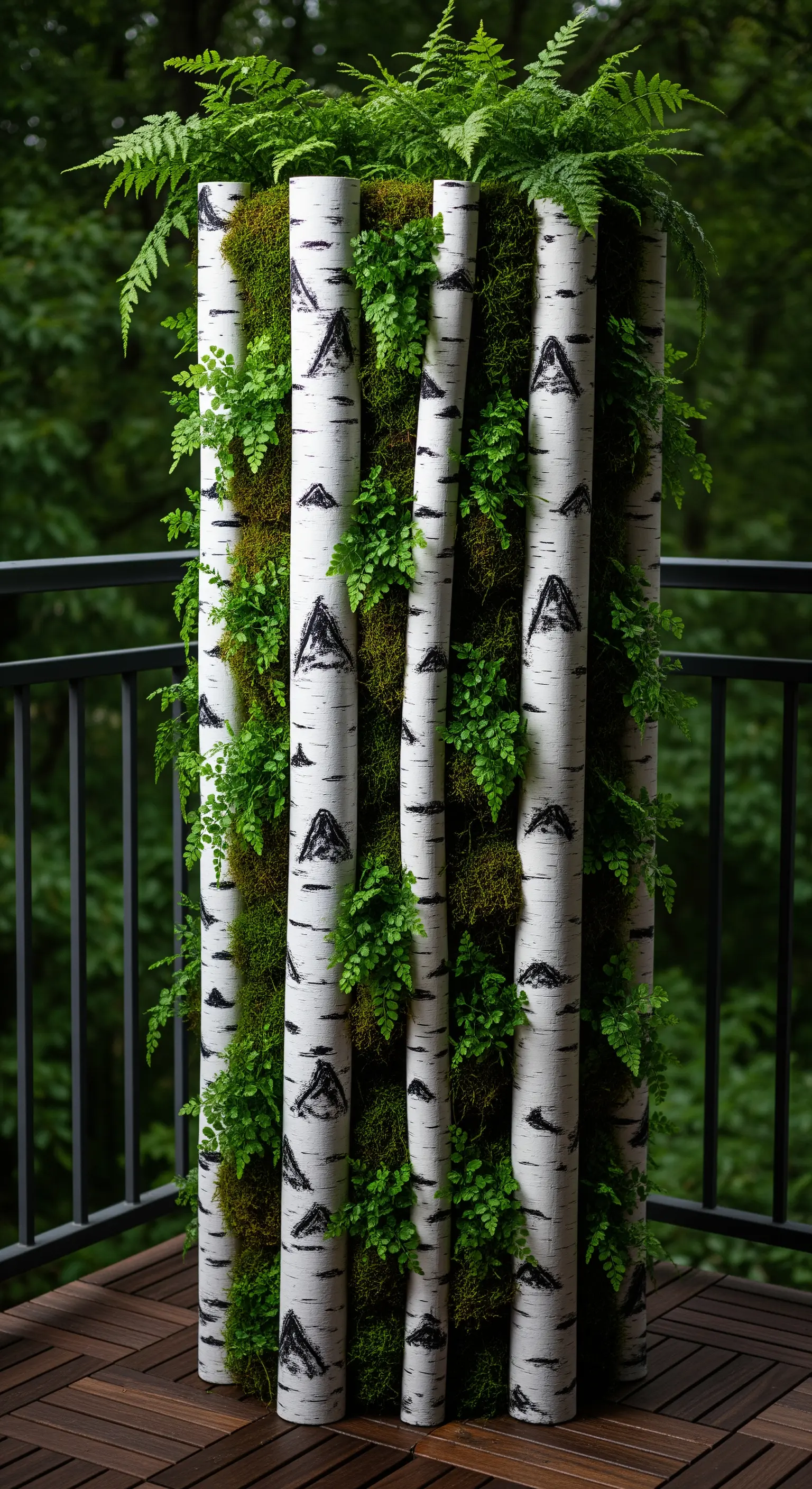 Fioriera verticale con tubi in PVC dipinti per assomigliare a tronchi di betulla.