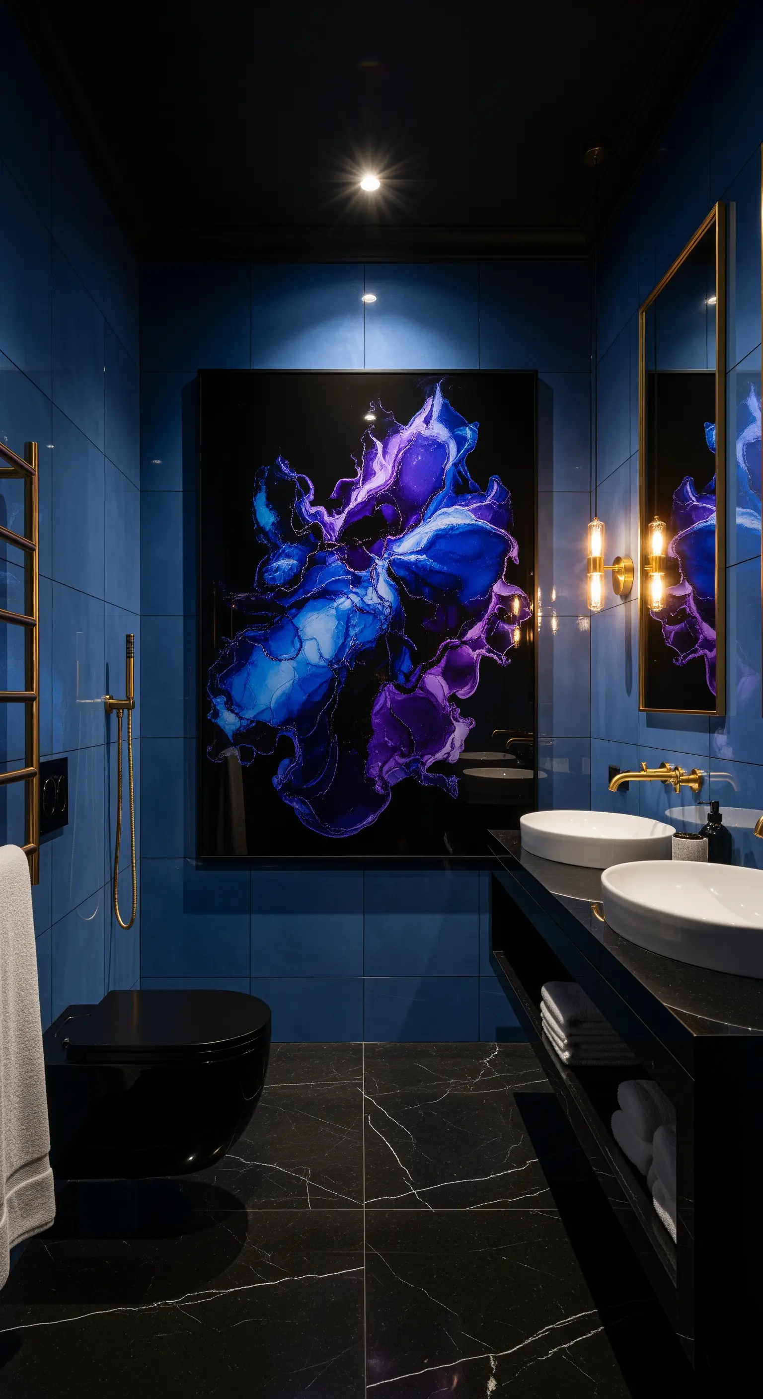 Bagno blu scuro con pavimento in marmo nero, dettagli dorati e un quadro astratto.