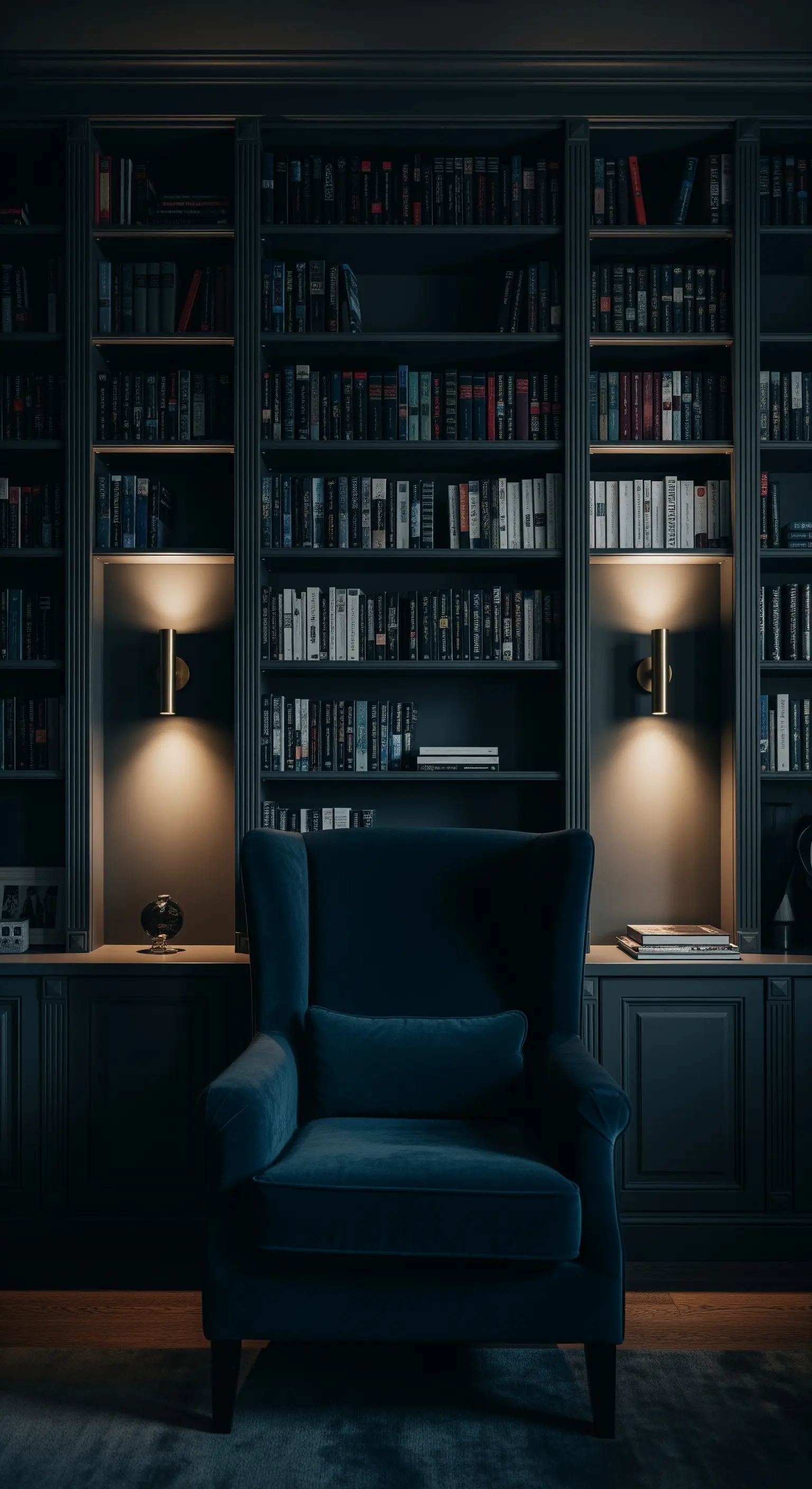 Libreria blu scuro con illuminazione integrata e poltrona in velluto coordinato.