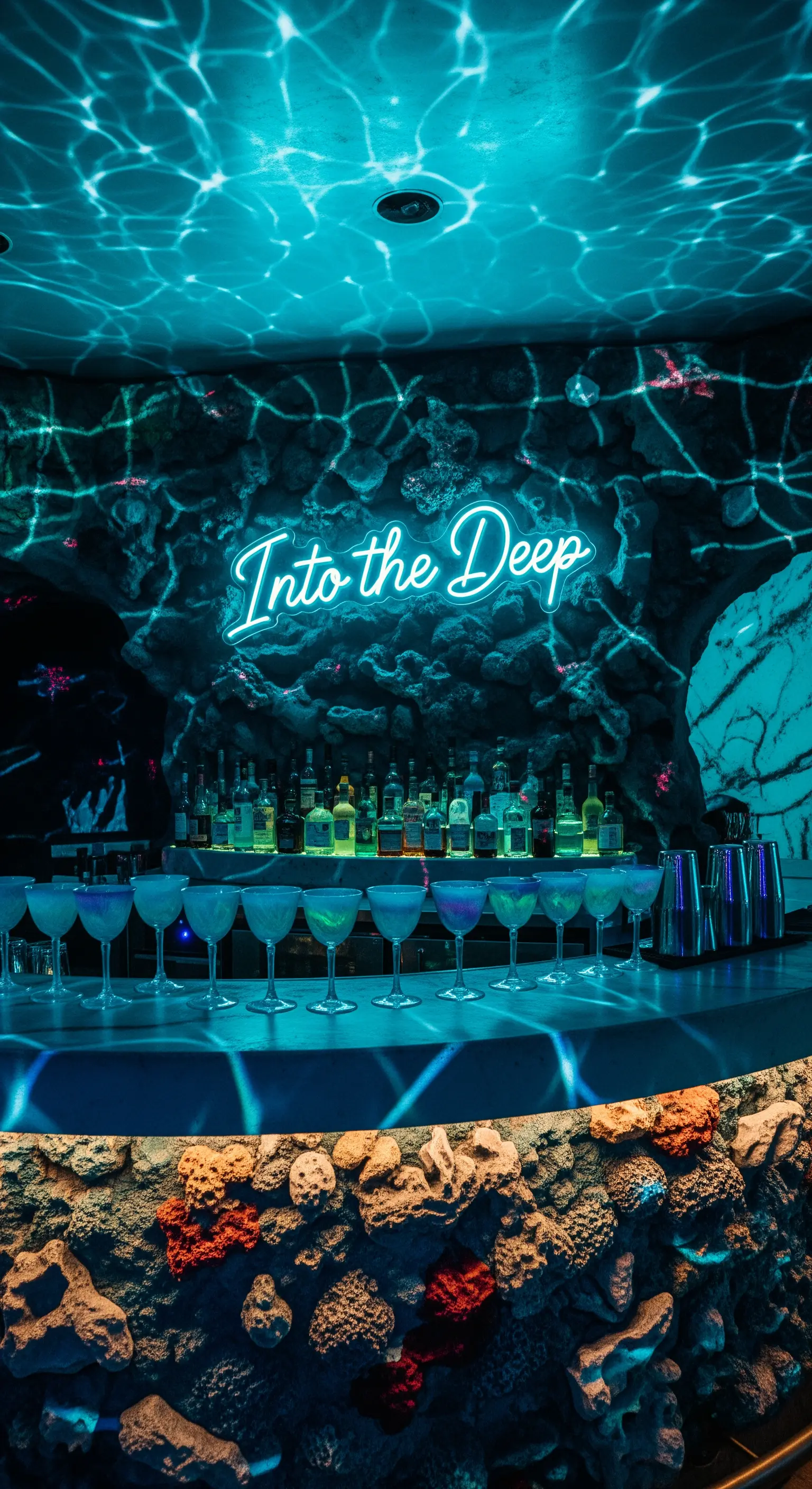 Bar a tema sottomarino con insegna al neon blu e proiezioni di luce che simulano l'acqua.